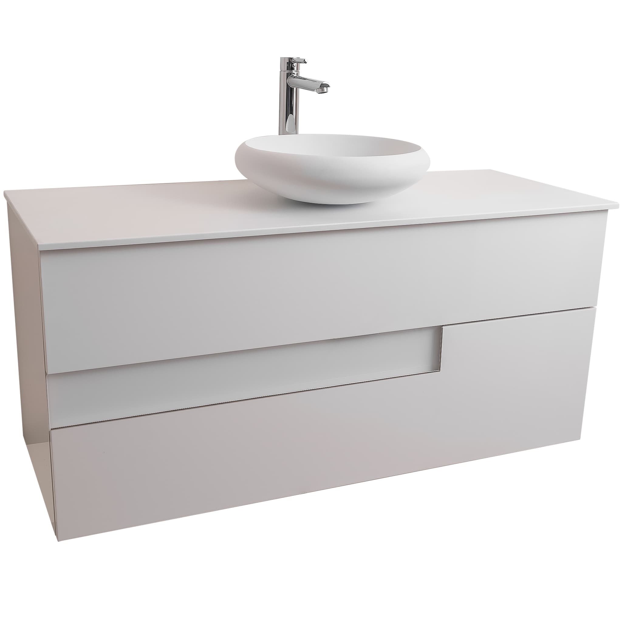 Vision 47.5 White High Gloss Cabinet, Solid Surface Flat White Counter And Round Solid Surface White Basin 1153, Wall Mounted Modern Vanity Set