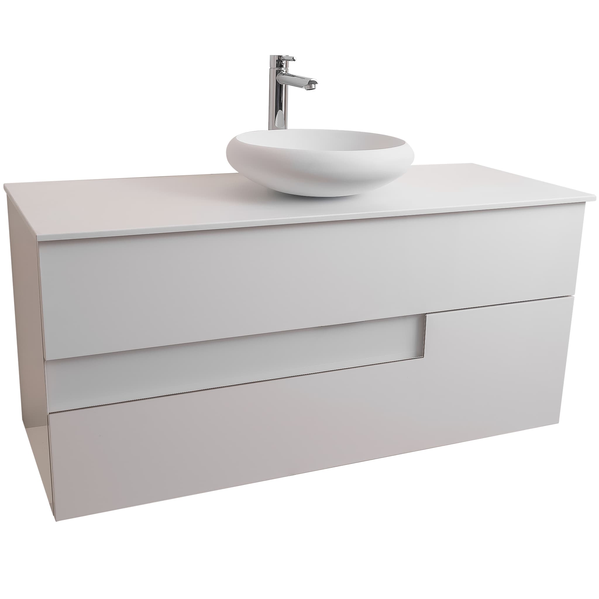 Vision 47.5 White High Gloss Cabinet, Solid Surface Flat White Counter And Round Solid Surface White Basin 1153, Wall Mounted Modern Vanity Set Bath Trends USA