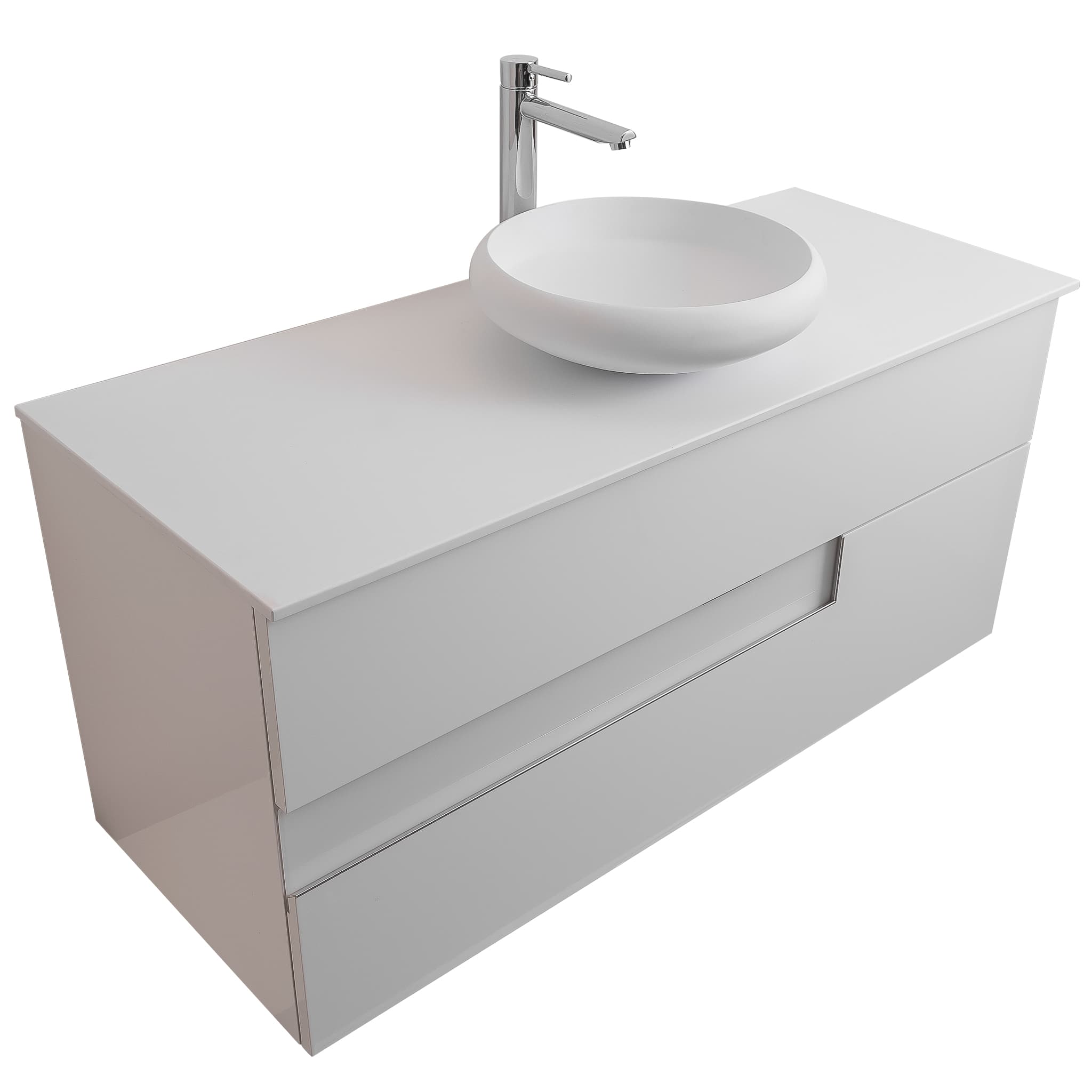 Vision 47.5 White High Gloss Cabinet, Solid Surface Flat White Counter And Round Solid Surface White Basin 1153, Wall Mounted Modern Vanity Set