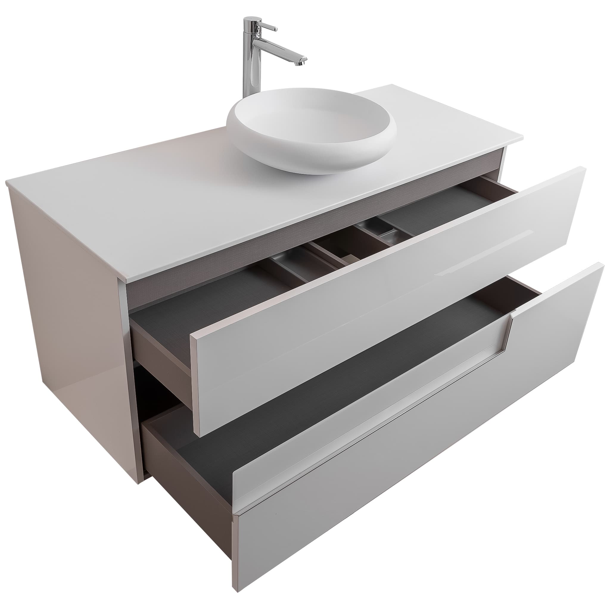 Vision 47.5 White High Gloss Cabinet, Solid Surface Flat White Counter And Round Solid Surface White Basin 1153, Wall Mounted Modern Vanity Set