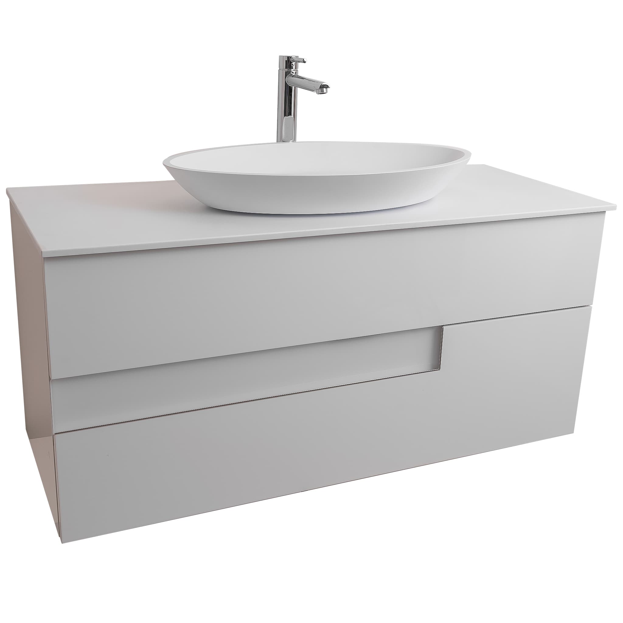 Vision 47.5 White High Gloss Cabinet, Solid Surface Flat White Counter And Oval Solid Surface White Basin 1305, Wall Mounted Modern Vanity Set