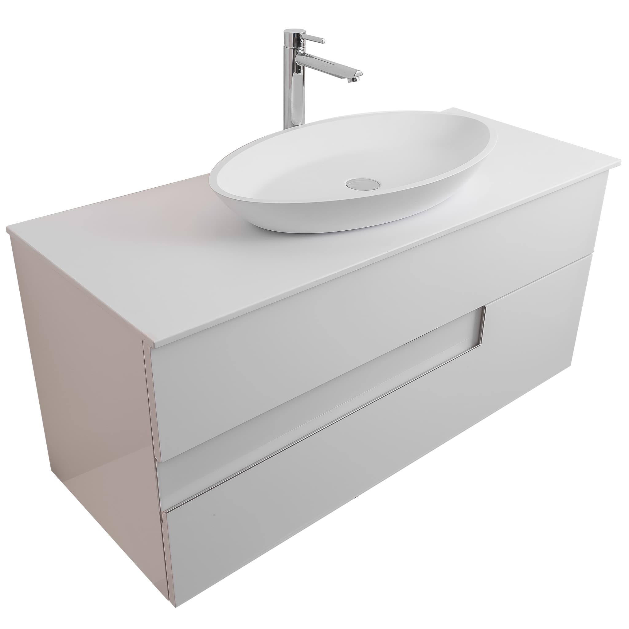 Vision 47.5 White High Gloss Cabinet, Solid Surface Flat White Counter And Oval Solid Surface White Basin 1305, Wall Mounted Modern Vanity Set Bath Trends USA