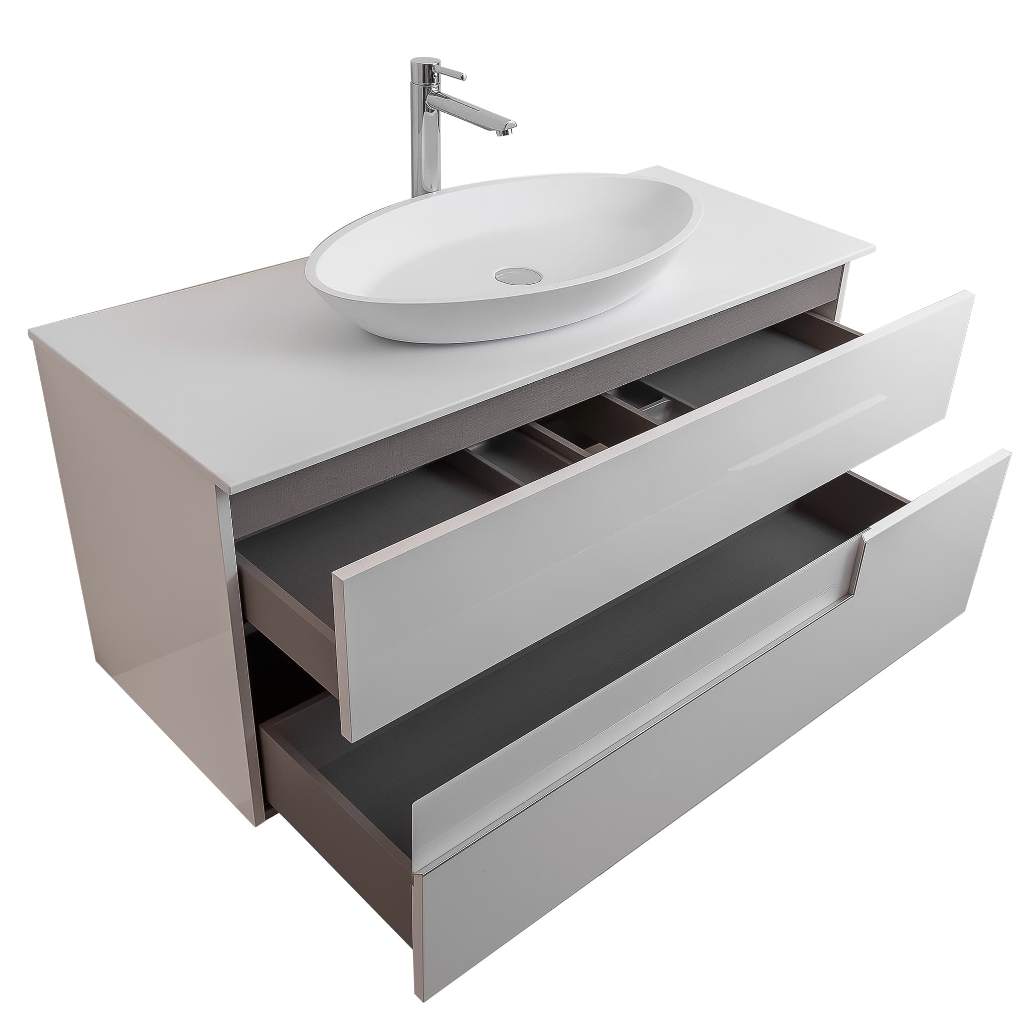 Vision 47.5 White High Gloss Cabinet, Solid Surface Flat White Counter And Oval Solid Surface White Basin 1305, Wall Mounted Modern Vanity Set Bath Trends USA