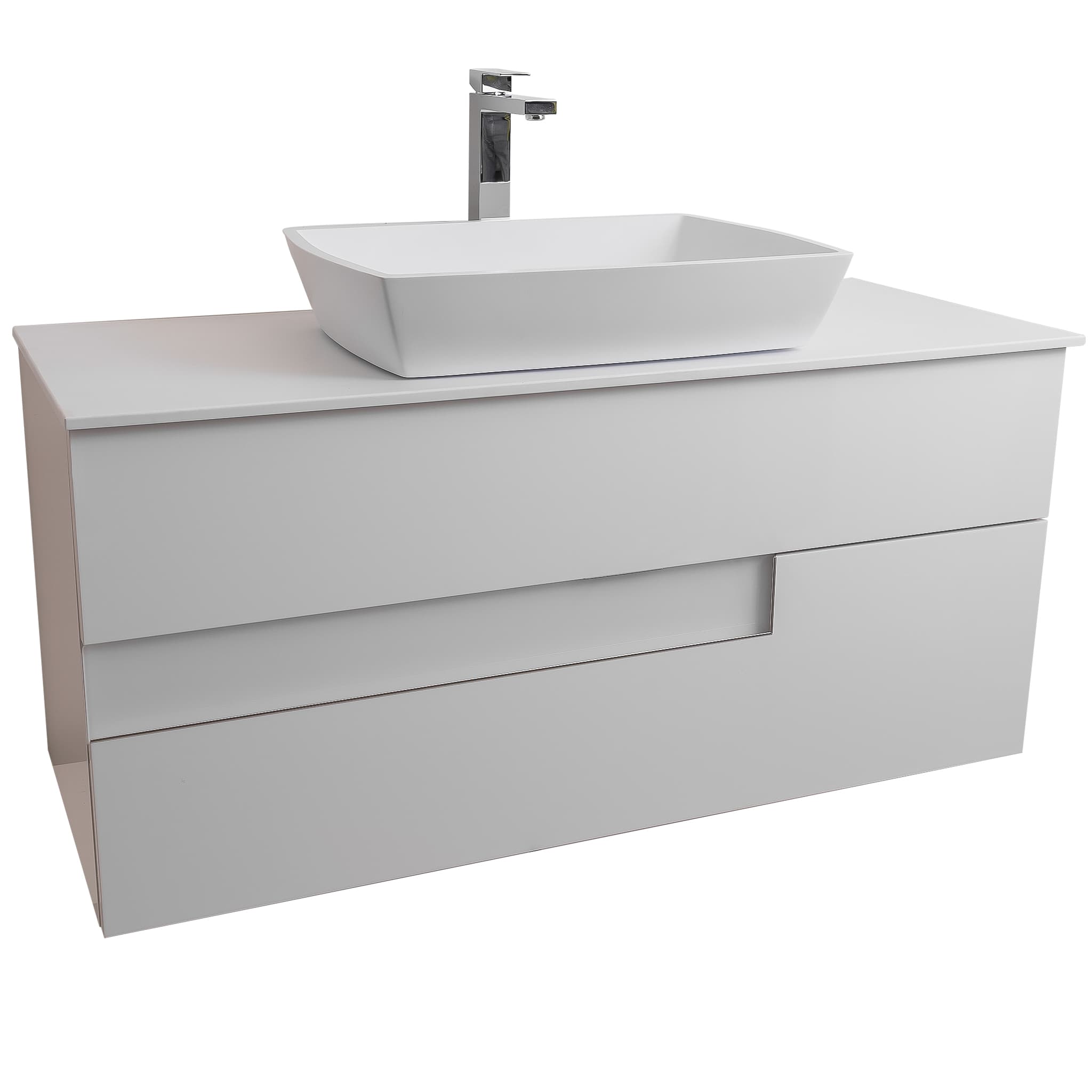 Vision 47.5 White High Gloss Cabinet, Solid Surface Flat White Counter And Square Solid Surface White Basin 1316, Wall Mounted Modern Vanity Set