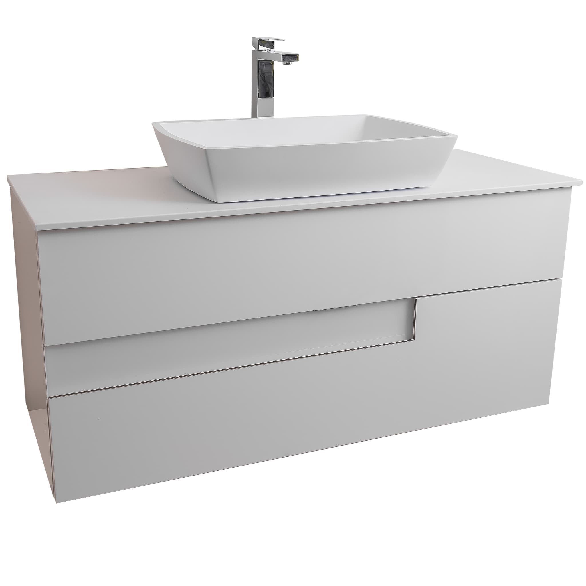 Vision 47.5 White High Gloss Cabinet, Solid Surface Flat White Counter And Square Solid Surface White Basin 1316, Wall Mounted Modern Vanity Set Bath Trends USA