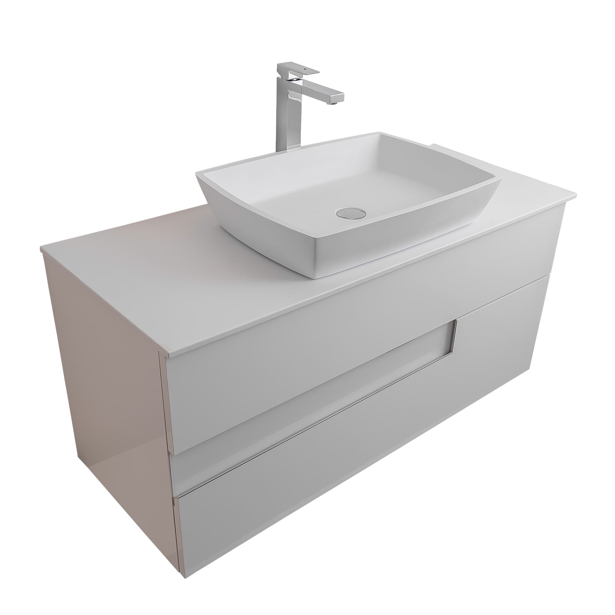 Vision 47.5 White High Gloss Cabinet, Solid Surface Flat White Counter And Square Solid Surface White Basin 1316, Wall Mounted Modern Vanity Set Bath Trends USA