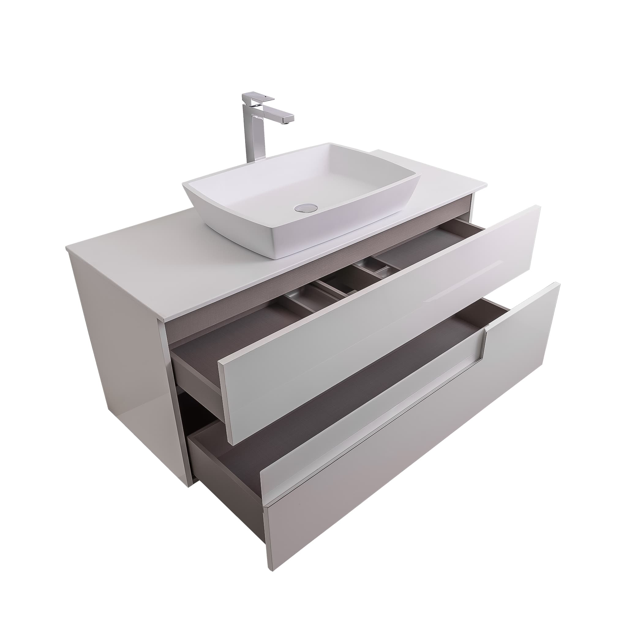 Vision 47.5 White High Gloss Cabinet, Solid Surface Flat White Counter And Square Solid Surface White Basin 1316, Wall Mounted Modern Vanity Set Bath Trends USA