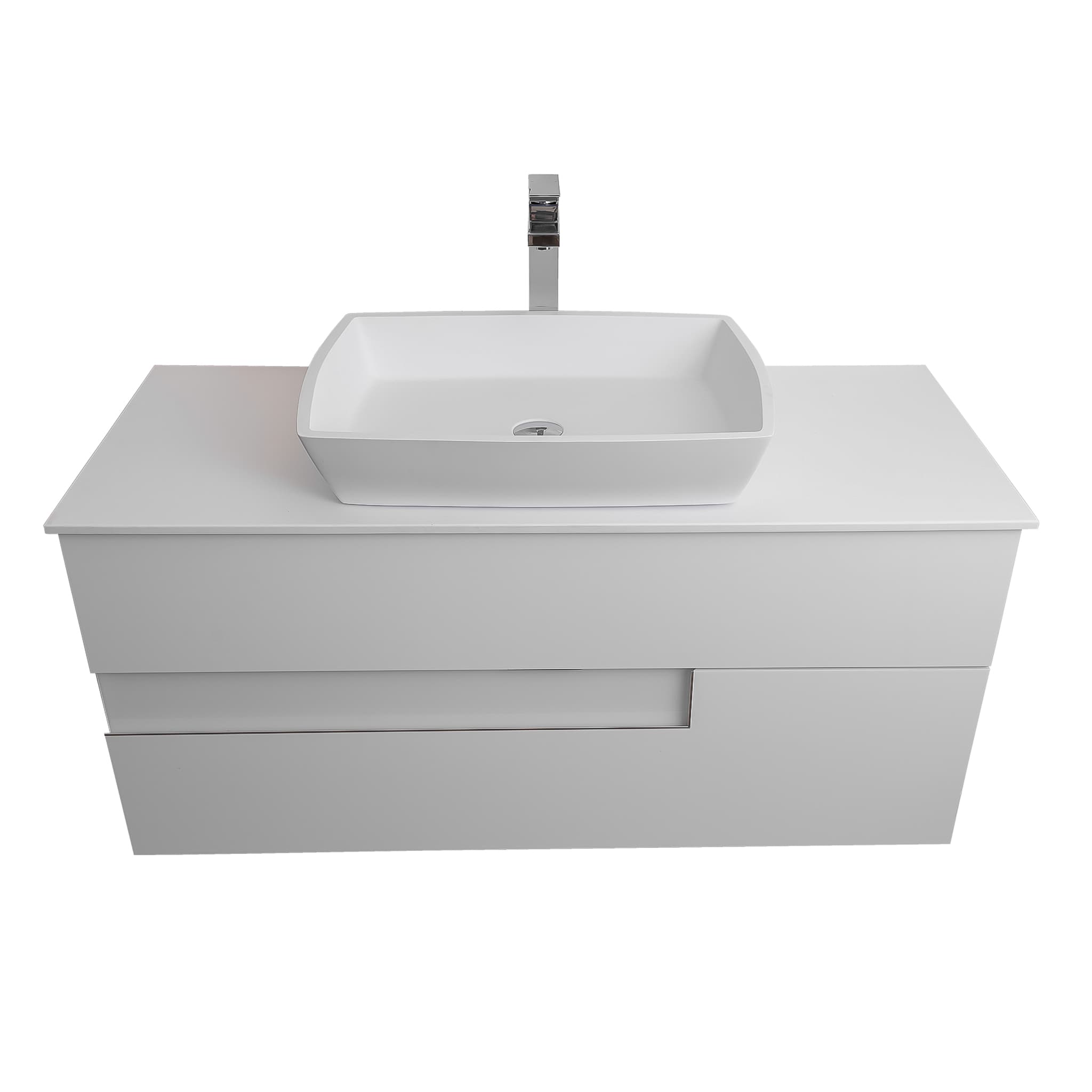 Vision 47.5 White High Gloss Cabinet, Solid Surface Flat White Counter And Square Solid Surface White Basin 1316, Wall Mounted Modern Vanity Set