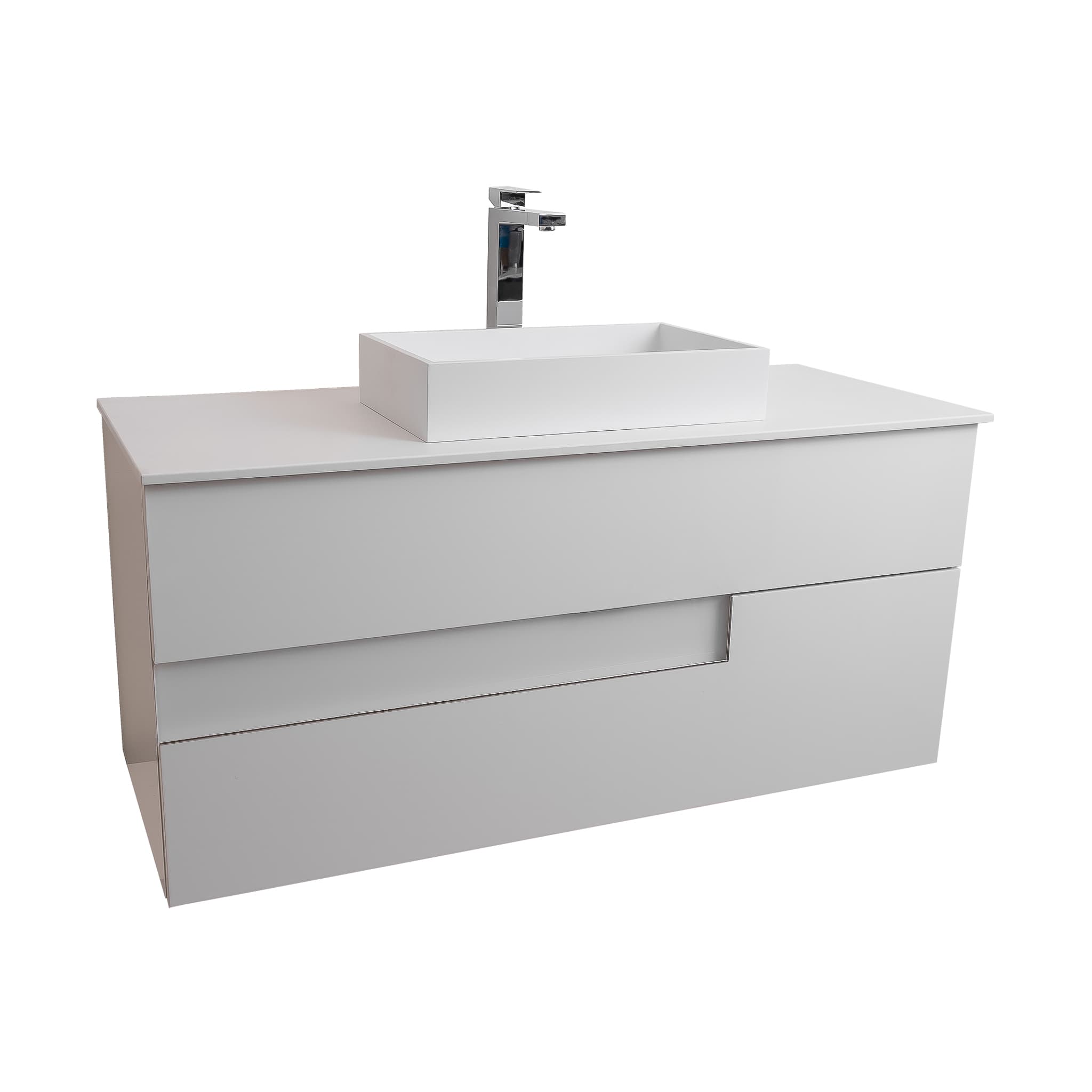 Vision 47.5 White High Gloss Cabinet, Solid Surface Flat White Counter And Infinity Square Solid Surface White Basin 1329, Wall Mounted Modern Vanity Set