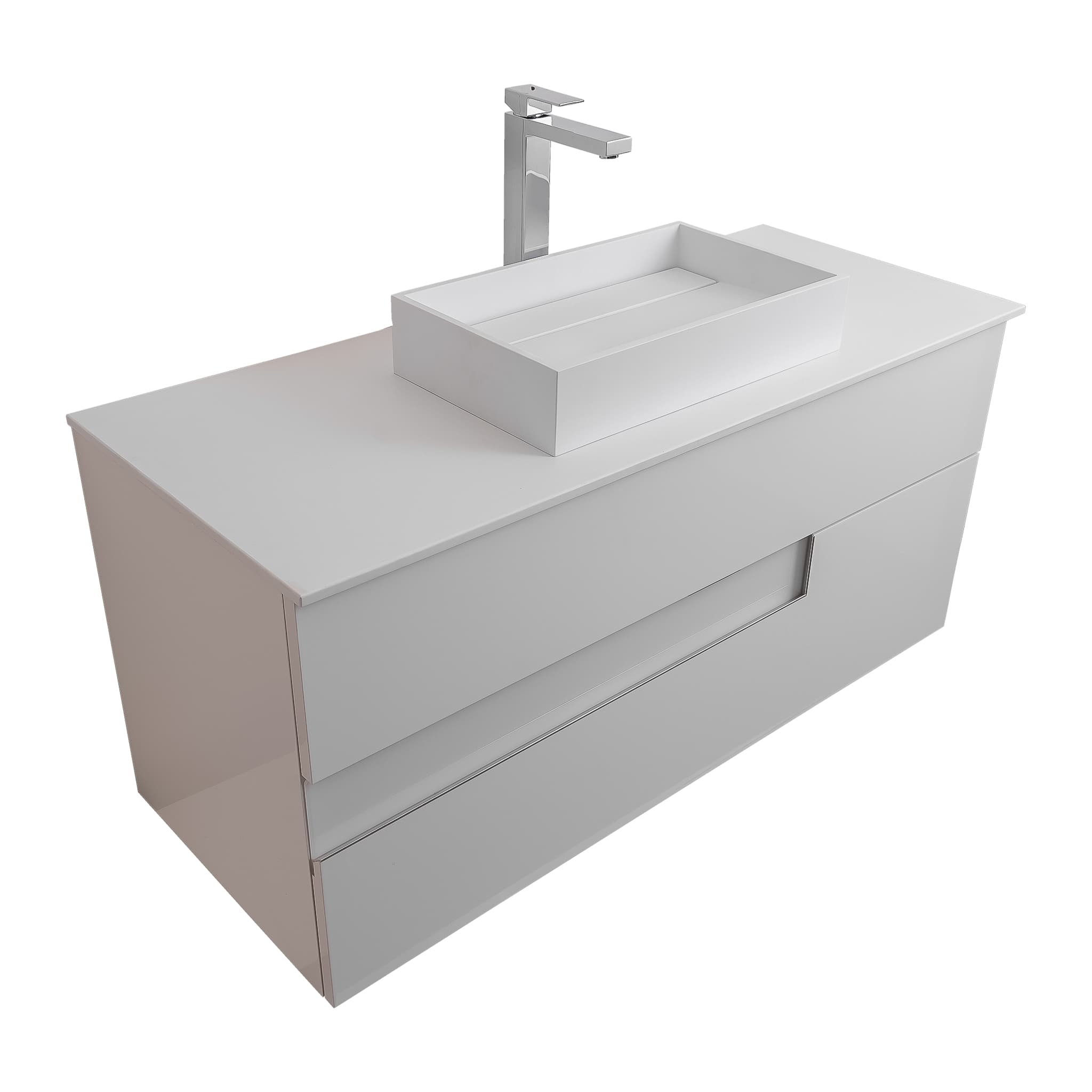 Vision 47.5 White High Gloss Cabinet, Solid Surface Flat White Counter And Infinity Square Solid Surface White Basin 1329, Wall Mounted Modern Vanity Set