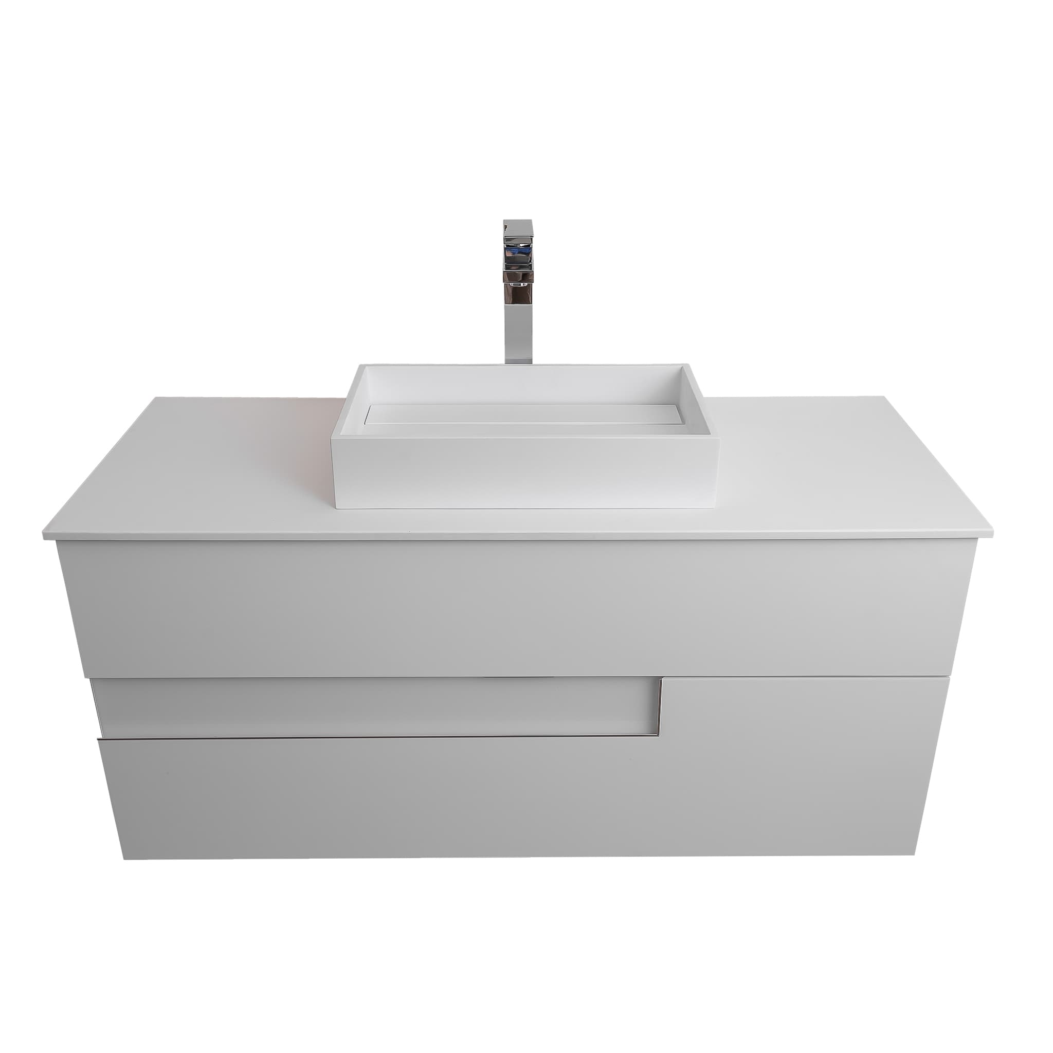 Vision 47.5 White High Gloss Cabinet, Solid Surface Flat White Counter And Infinity Square Solid Surface White Basin 1329, Wall Mounted Modern Vanity Set