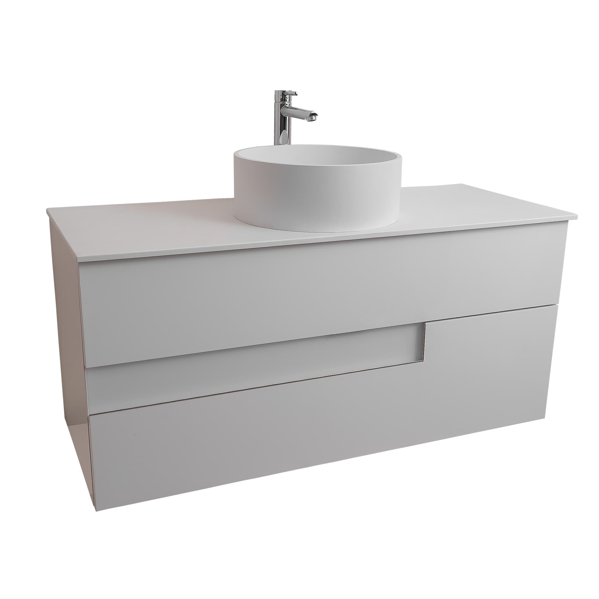 Vision 47.5 White High Gloss Cabinet, Solid Surface Flat White Counter And Round Solid Surface White Basin 1386, Wall Mounted Modern Vanity Set