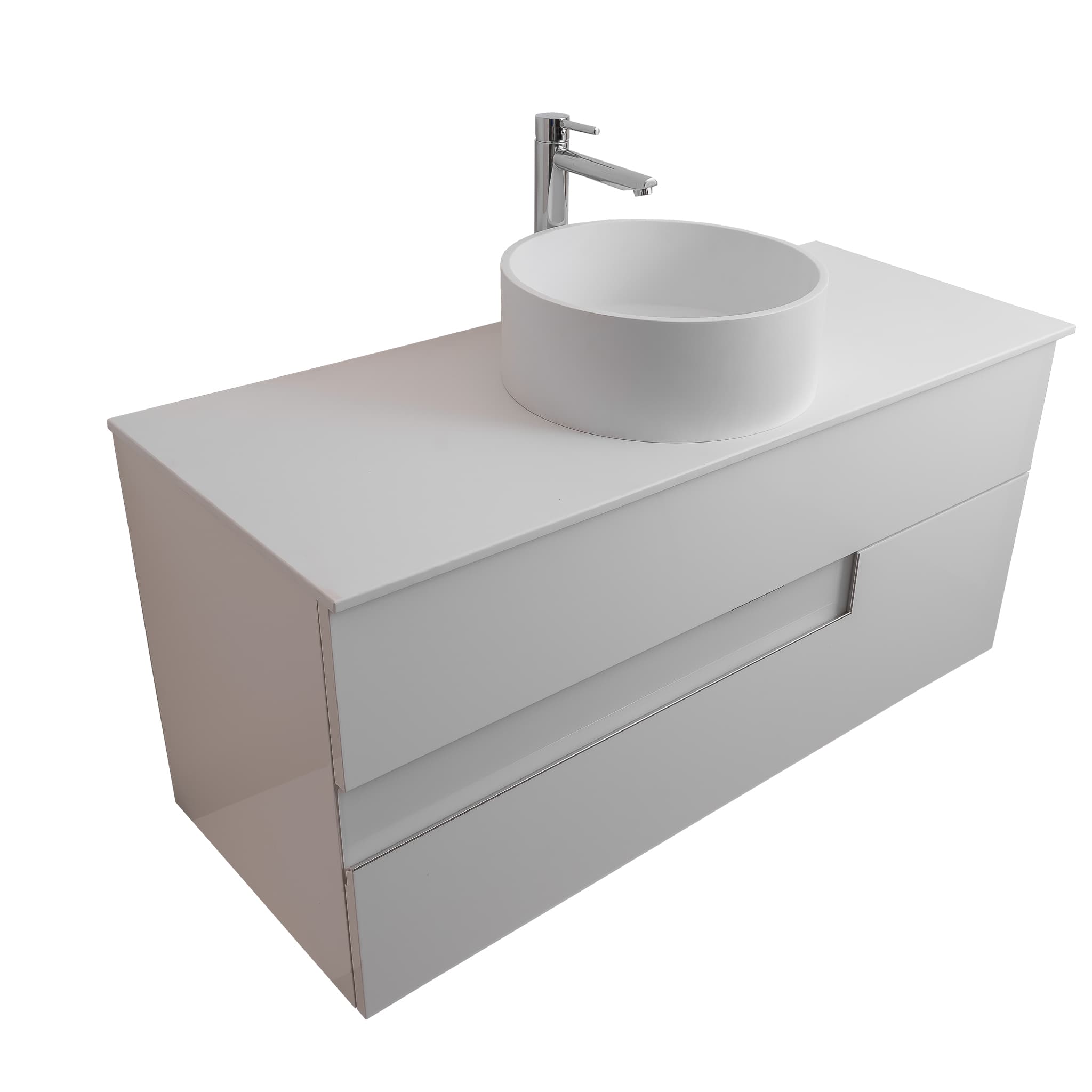 Vision 47.5 White High Gloss Cabinet, Solid Surface Flat White Counter And Round Solid Surface White Basin 1386, Wall Mounted Modern Vanity Set Bath Trends USA