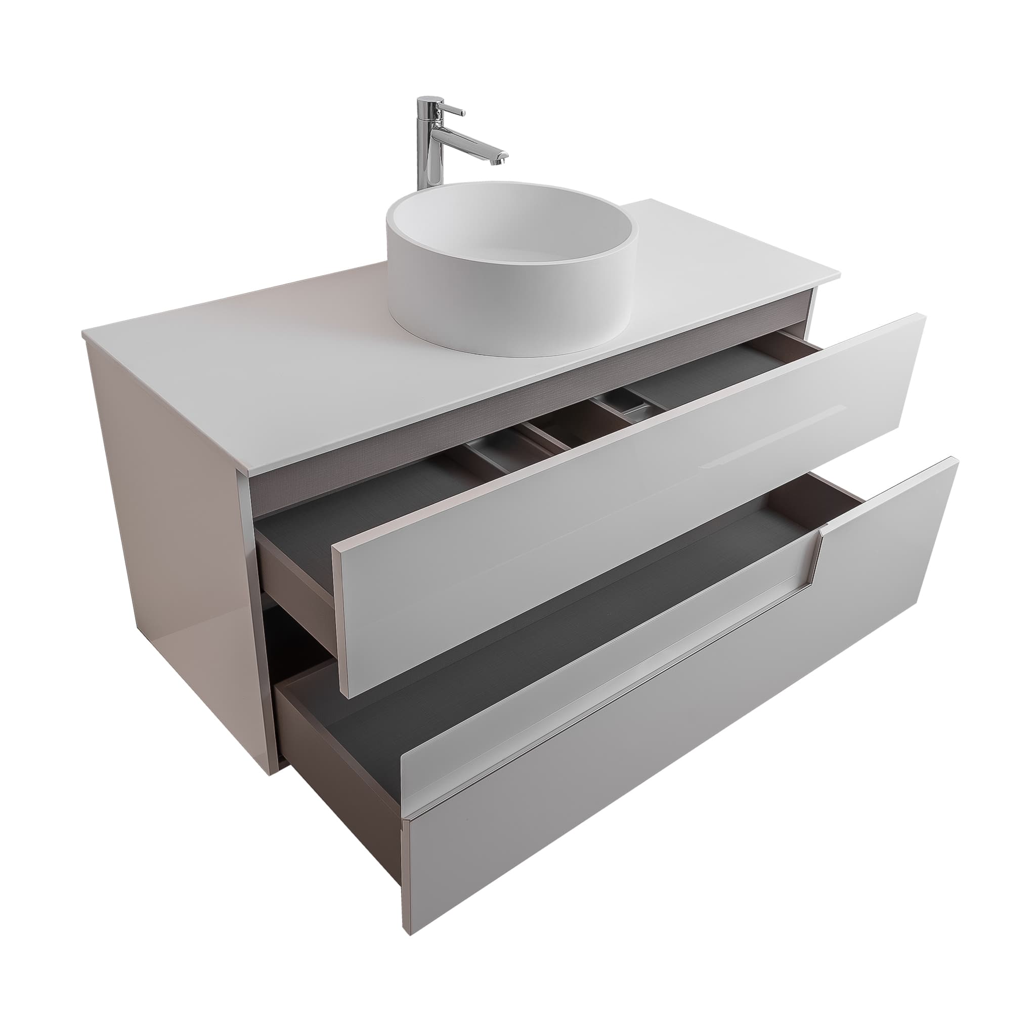 Vision 47.5 White High Gloss Cabinet, Solid Surface Flat White Counter And Round Solid Surface White Basin 1386, Wall Mounted Modern Vanity Set