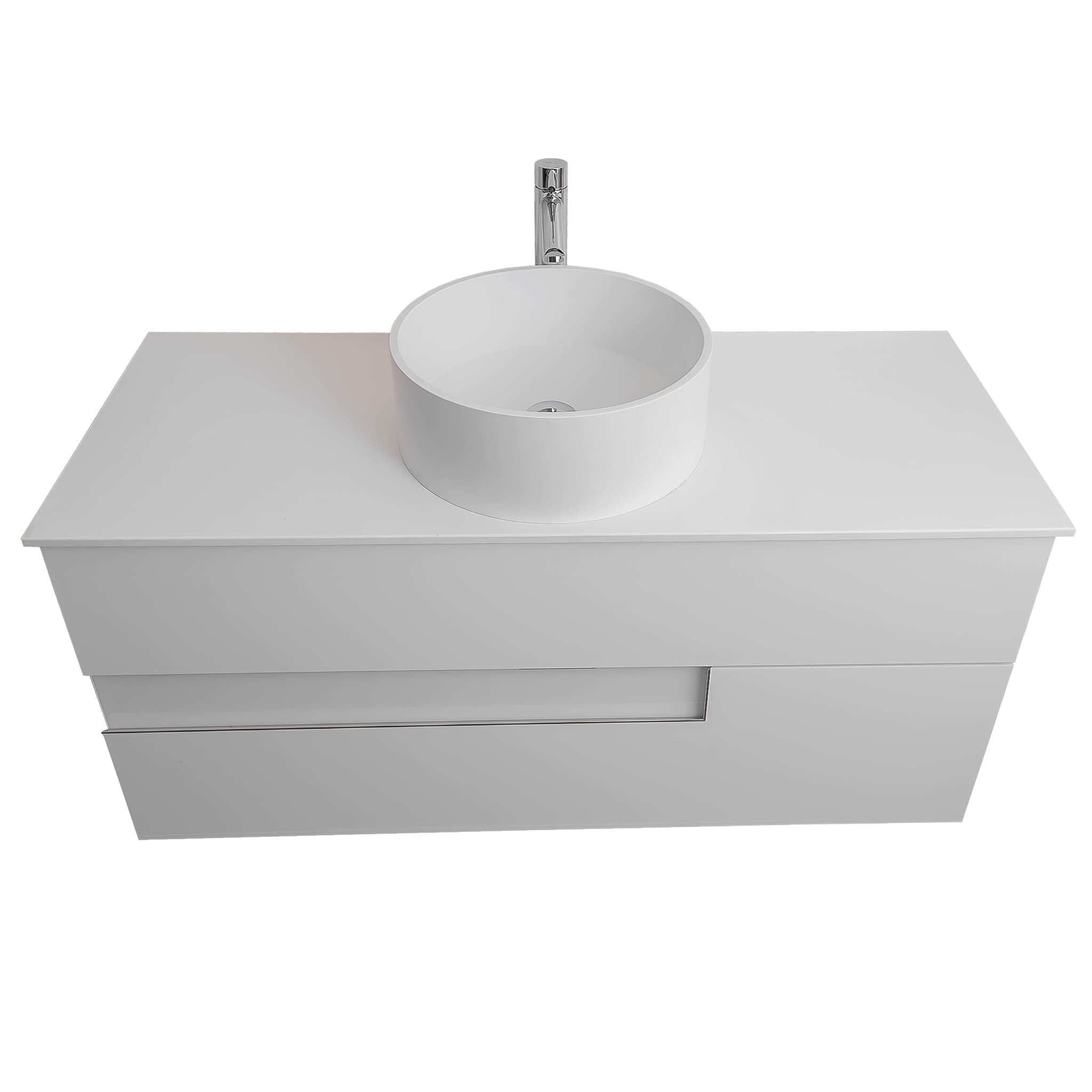 Vision 47.5 White High Gloss Cabinet, Solid Surface Flat White Counter And Round Solid Surface White Basin 1386, Wall Mounted Modern Vanity Set