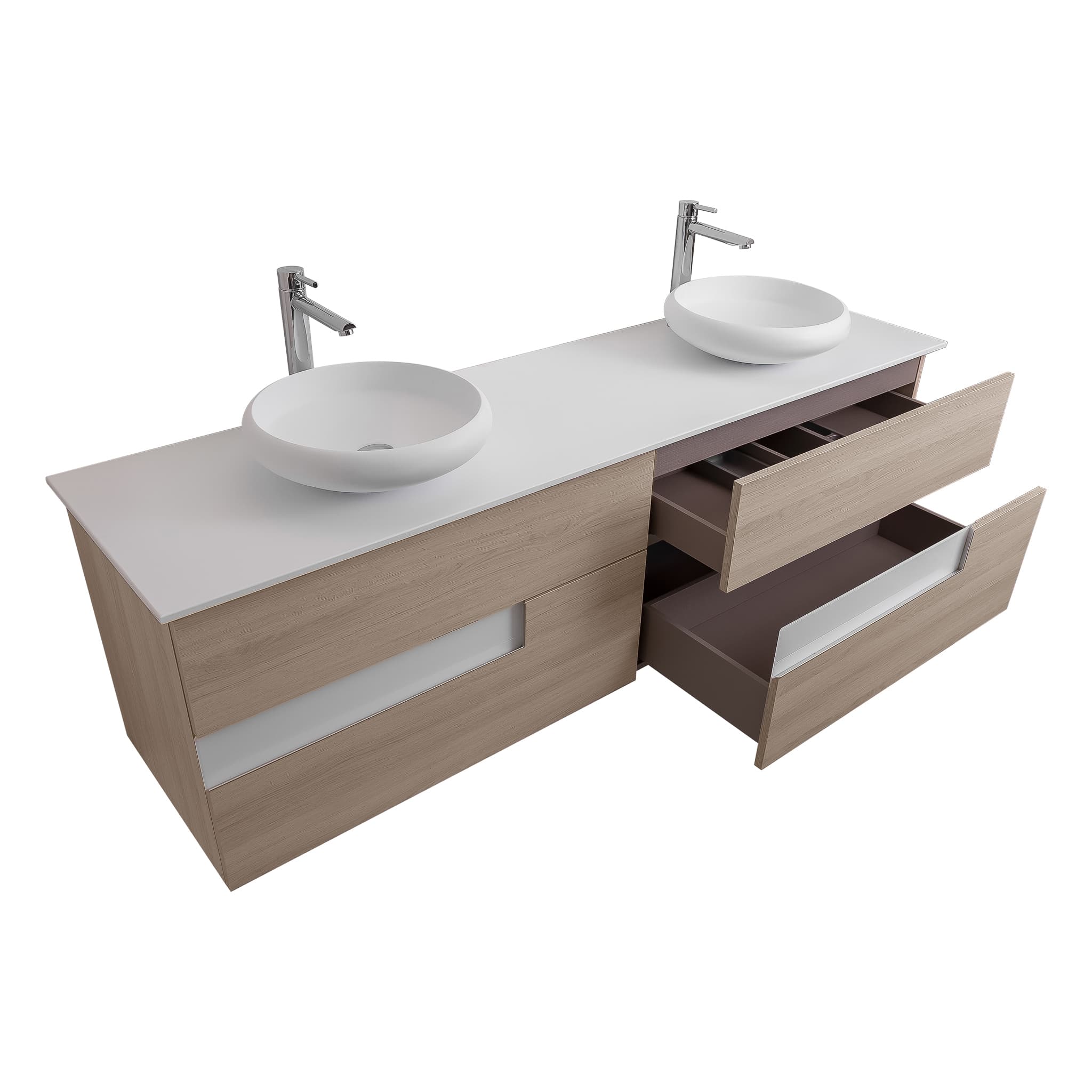 Vision 63 Natural Light Wood Cabinet, Solid Surface Flat White Counter And Two Round Solid Surface White Basin 1153, Wall Mounted Modern Vanity Set