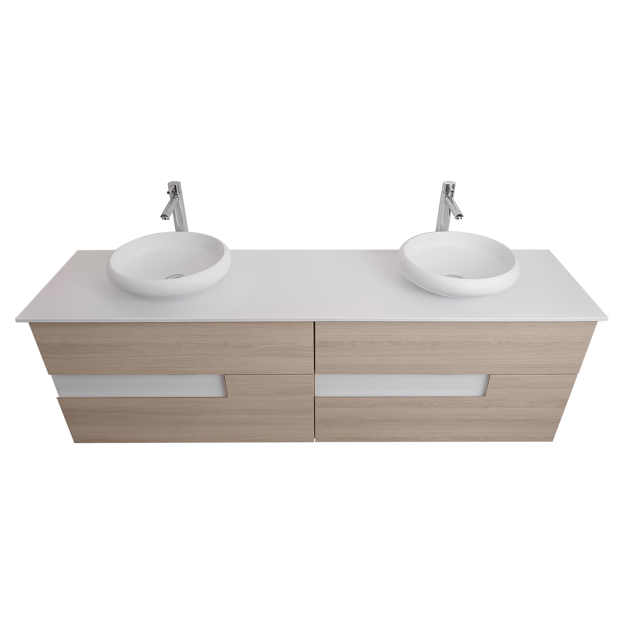 Vision 63 Natural Light Wood Cabinet, Solid Surface Flat White Counter And Two Round Solid Surface White Basin 1153, Wall Mounted Modern Vanity Set