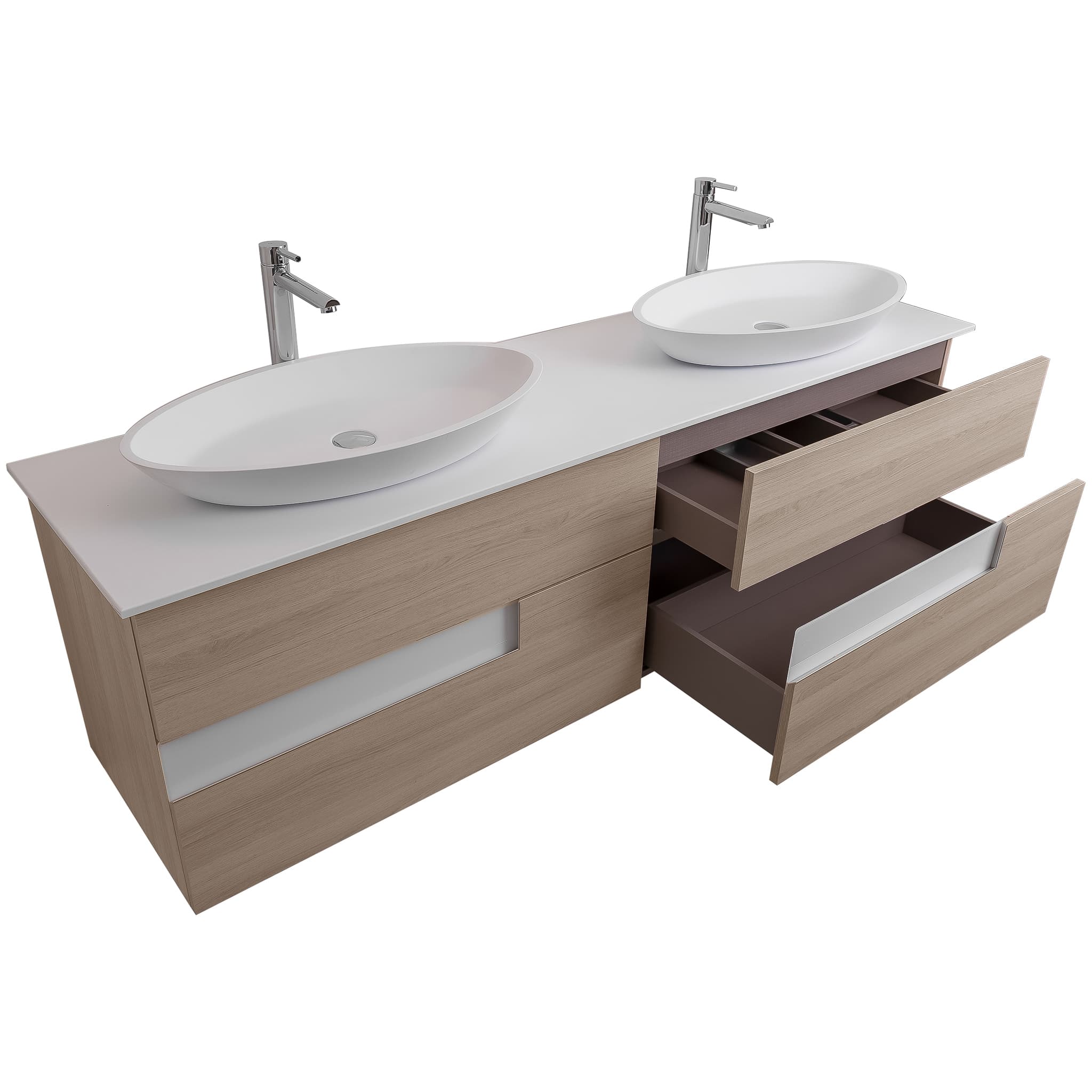 Vision 63 Natural Light Wood Cabinet, Solid Surface Flat White Counter And Two Oval Solid Surface White Basin 1305, Wall Mounted Modern Vanity Set