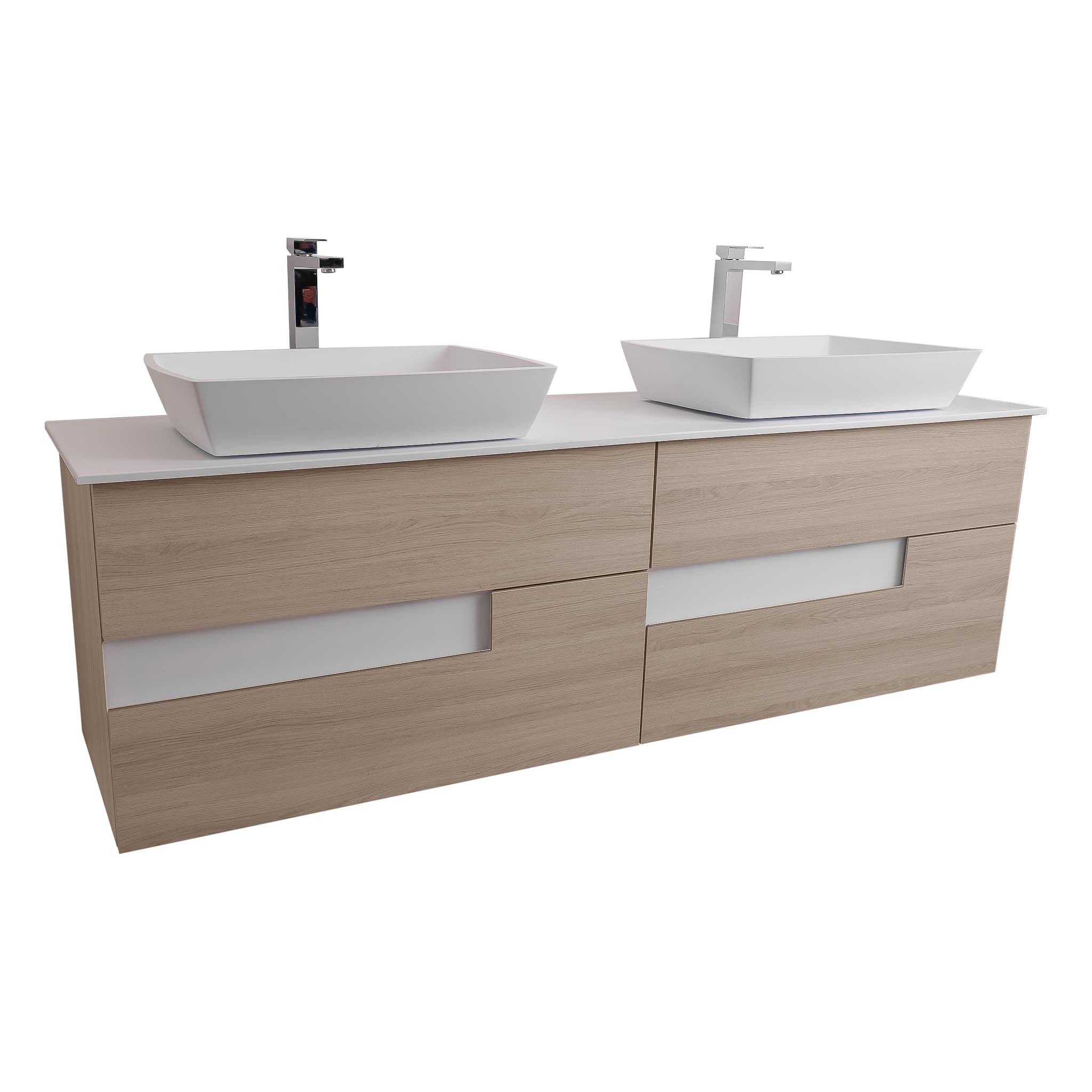 Vision 63 Natural Light Wood Cabinet, Solid Surface Flat White Counter And Two Square Solid Surface White Basin 1316, Wall Mounted Modern Vanity Set