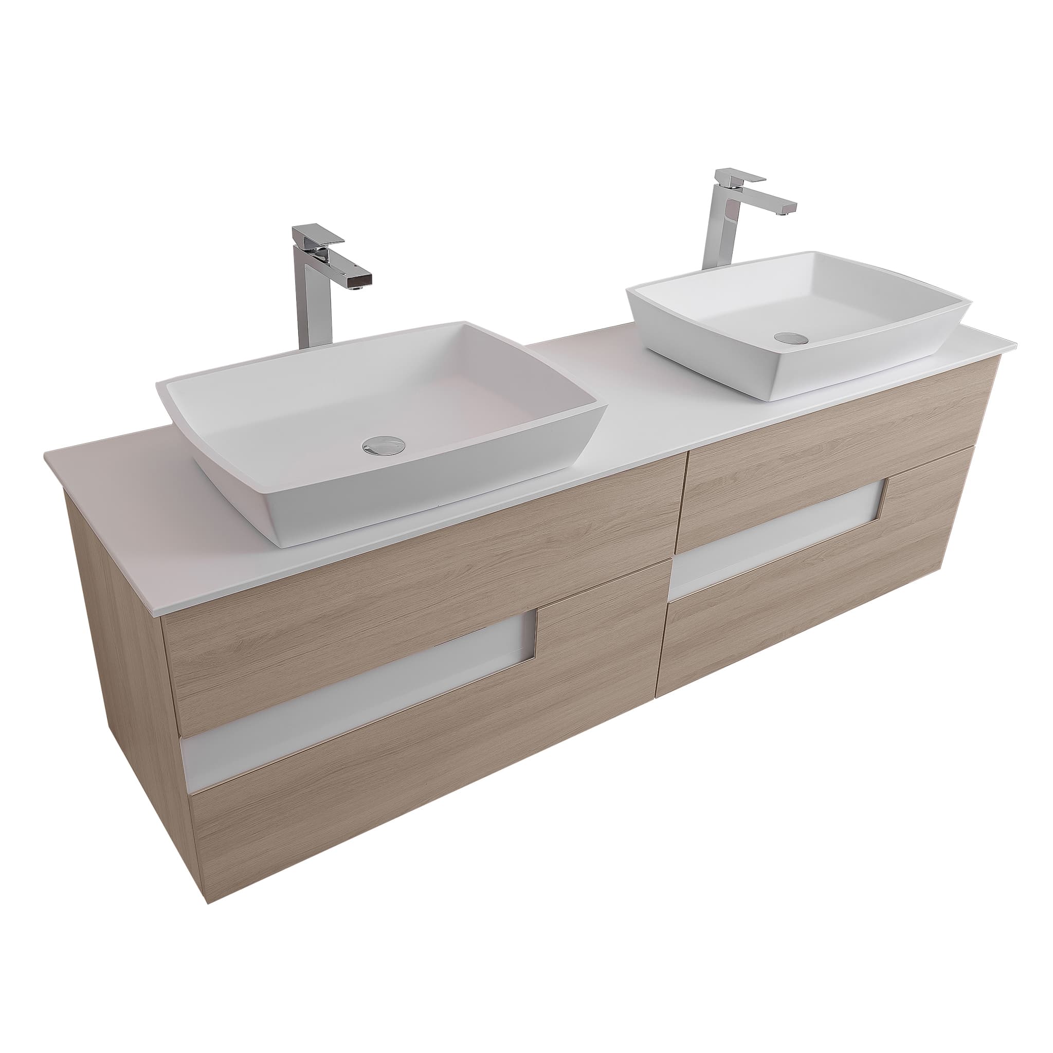 Vision 63 Natural Light Wood Cabinet, Solid Surface Flat White Counter And Two Square Solid Surface White Basin 1316, Wall Mounted Modern Vanity Set