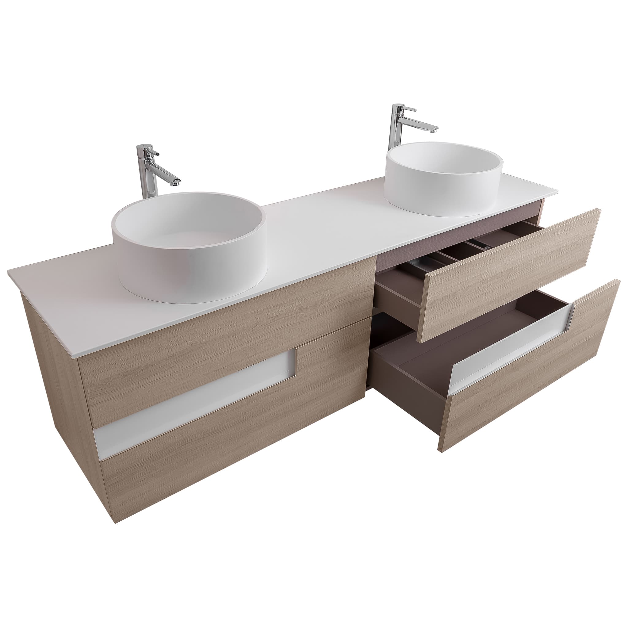 Vision 63 Natural Light Wood Cabinet, Solid Surface Flat White Counter And Two Round Solid Surface White Basin 1386, Wall Mounted Modern Vanity Set