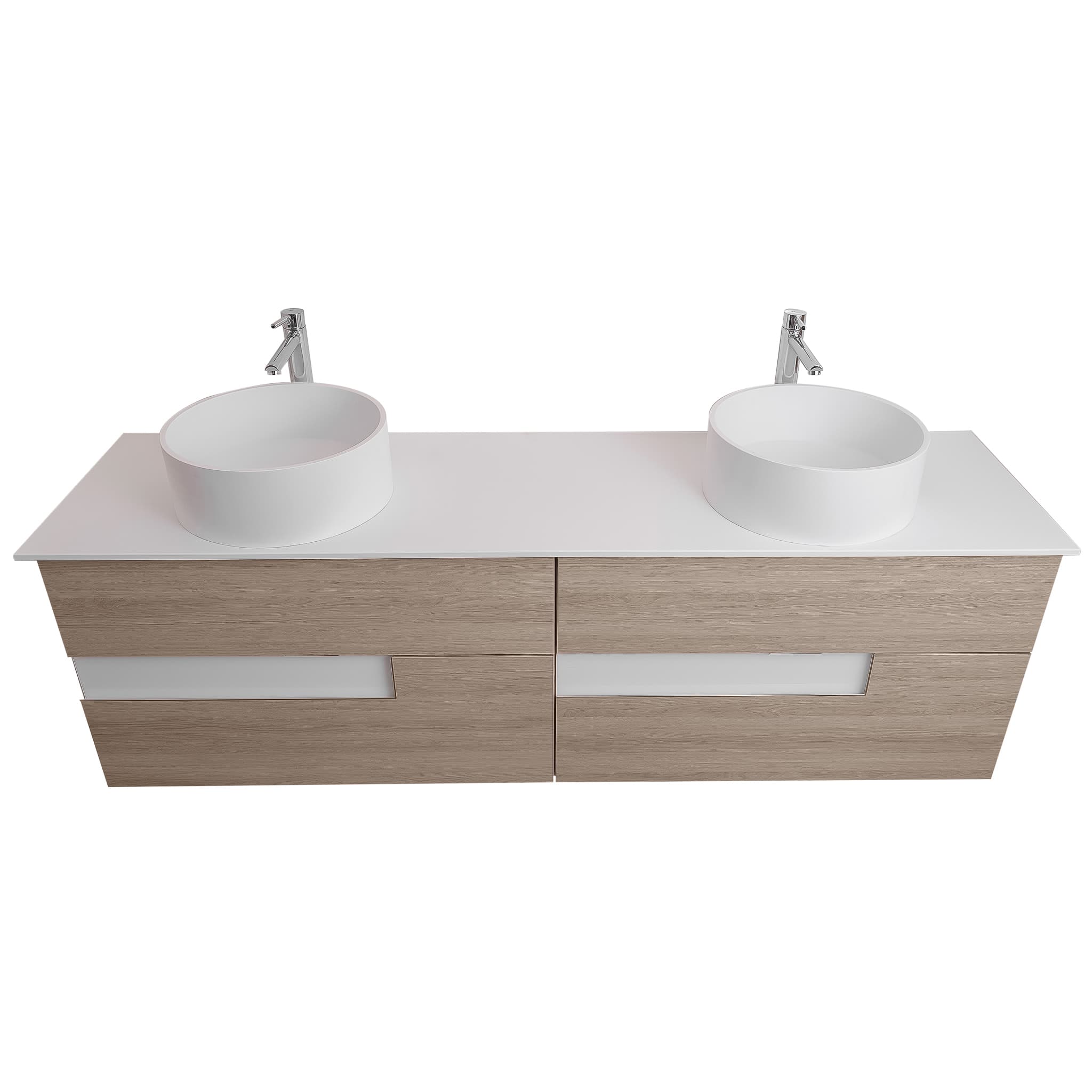 Vision 63 Natural Light Wood Cabinet, Solid Surface Flat White Counter And Two Round Solid Surface White Basin 1386, Wall Mounted Modern Vanity Set