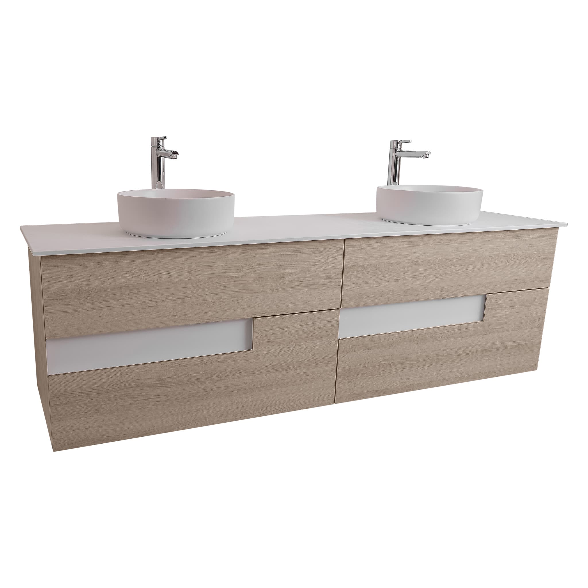 Vision 63 Natural Light Wood Cabinet, Ares White Top And Two Ares White Ceramic Basin, Wall Mounted Modern Vanity Set