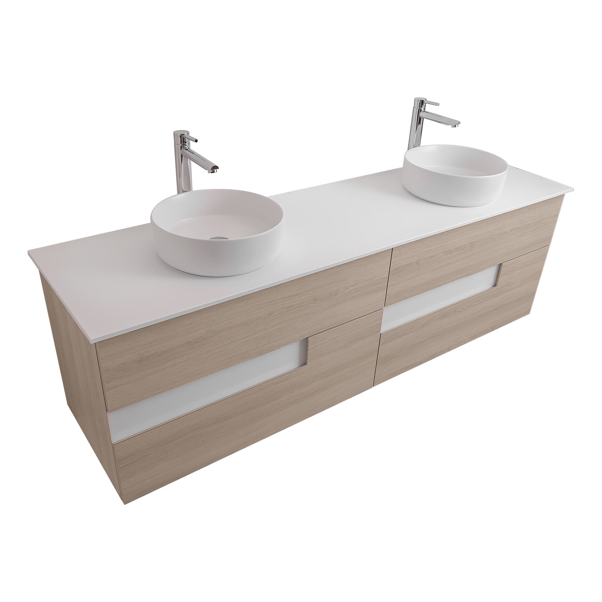 Vision 63 Natural Light Wood Cabinet, Ares White Top And Two Ares White Ceramic Basin, Wall Mounted Modern Vanity Set