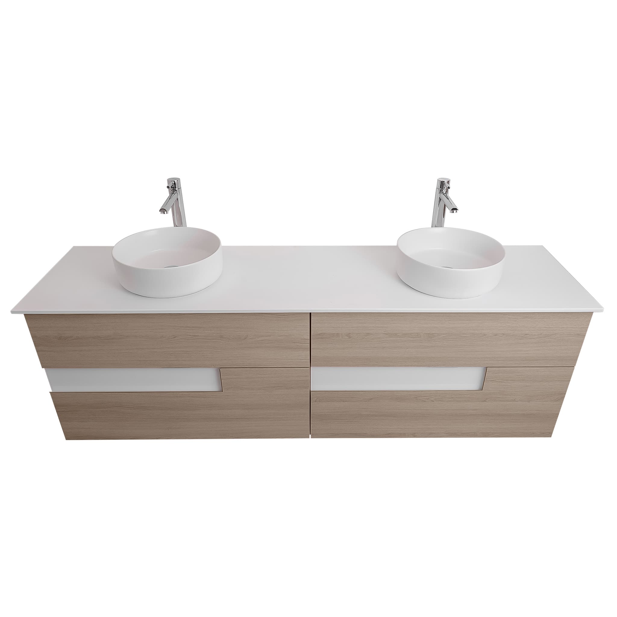 Vision 63 Natural Light Wood Cabinet, Ares White Top And Two Ares White Ceramic Basin, Wall Mounted Modern Vanity Set