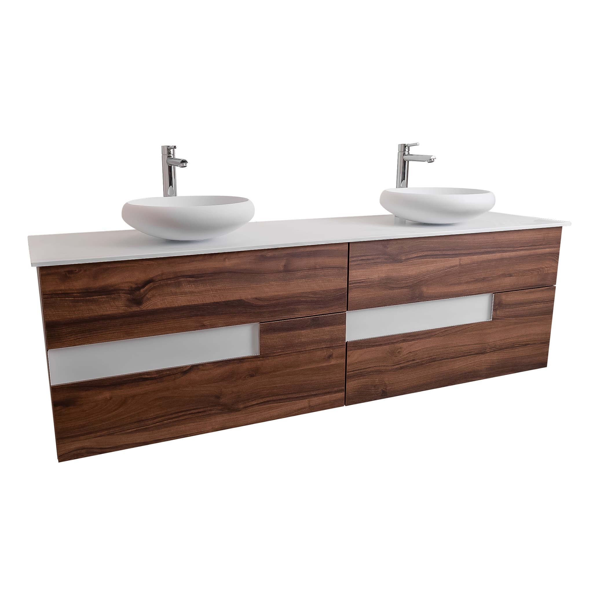Vision 63 Valenti Medium Brown Wood Cabinet, Solid Surface Flat White Counter And Two Round Solid Surface White Basin 1153, Wall Mounted Modern Vanity Set