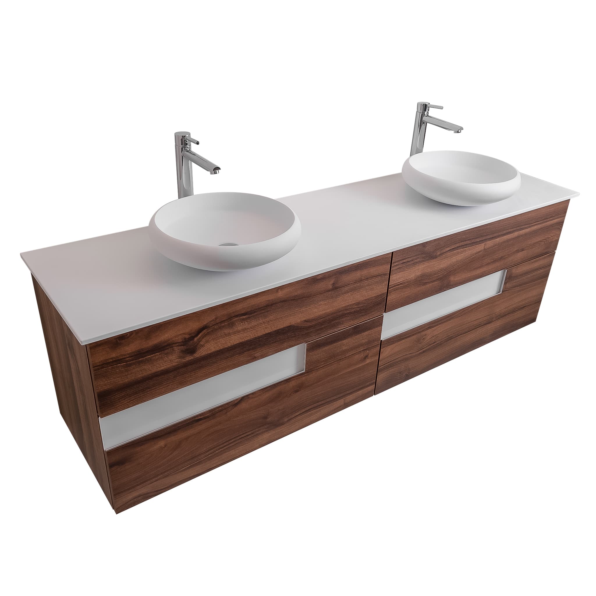 Vision 63 Valenti Medium Brown Wood Cabinet, Solid Surface Flat White Counter And Two Round Solid Surface White Basin 1153, Wall Mounted Modern Vanity Set Bath Trends USA