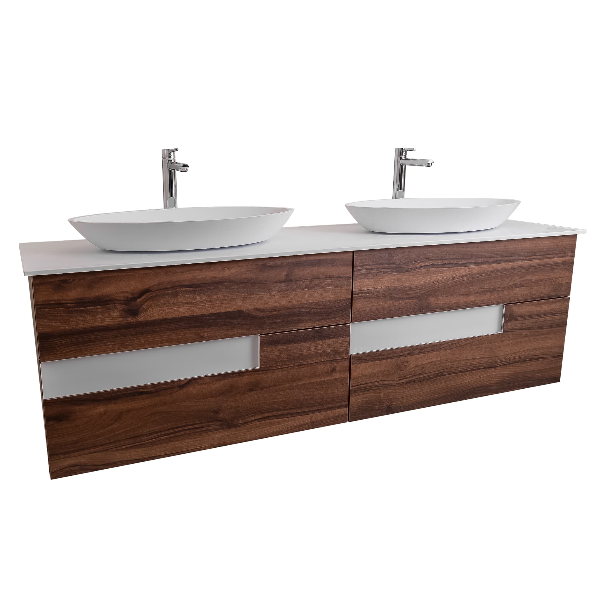 Vision 63 Valenti Medium Brown Wood Cabinet, Solid Surface Flat White Counter And Two Oval Solid Surface White Basin 1305, Wall Mounted Modern Vanity Set