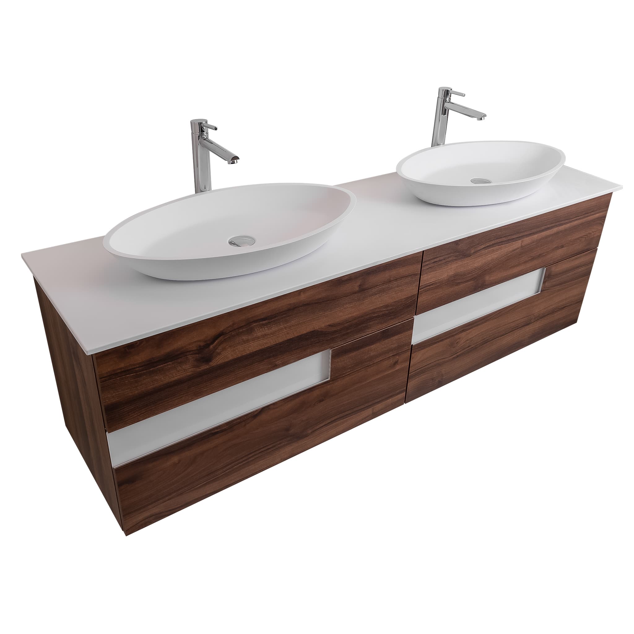 Vision 63 Valenti Medium Brown Wood Cabinet, Solid Surface Flat White Counter And Two Oval Solid Surface White Basin 1305, Wall Mounted Modern Vanity Set