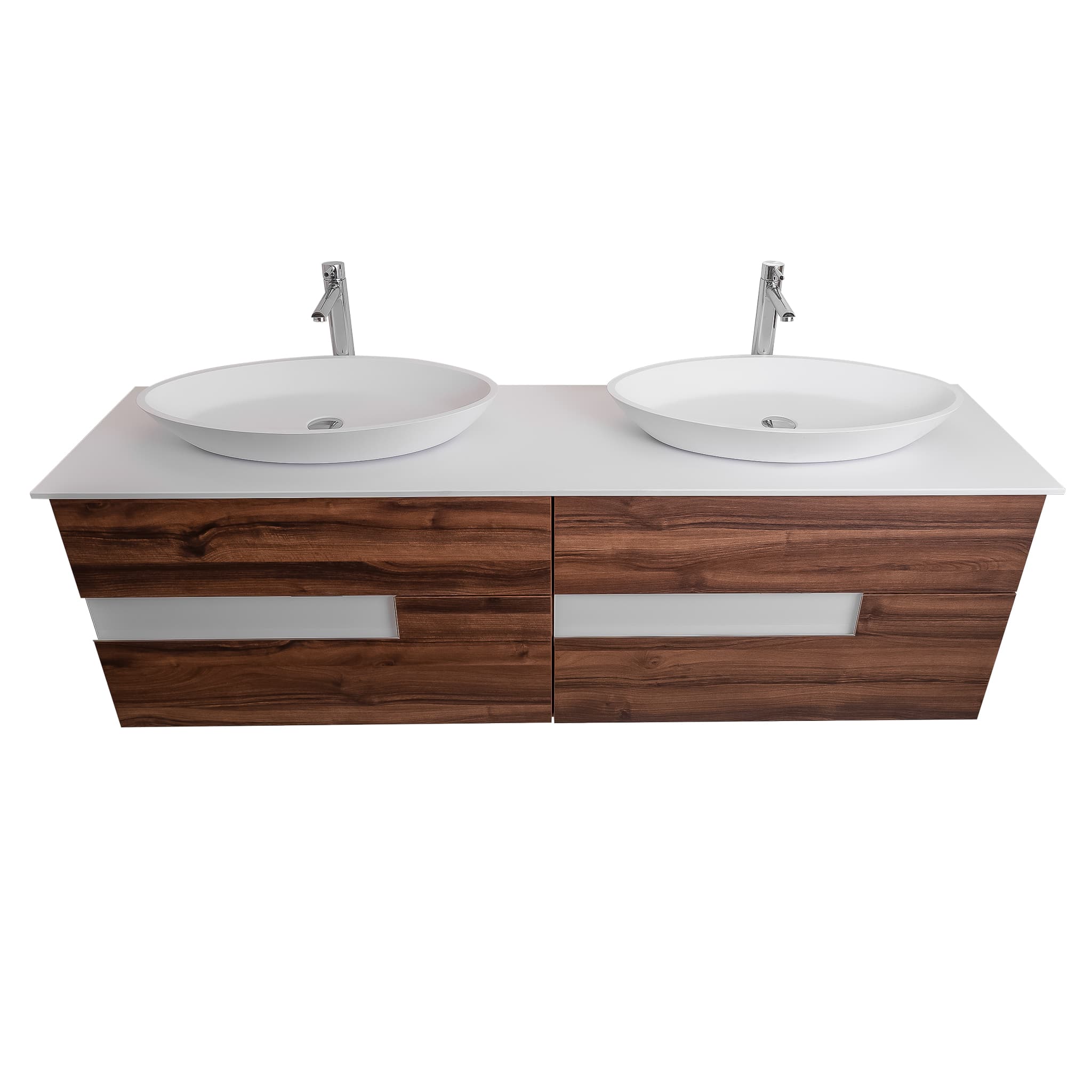 Vision 63 Valenti Medium Brown Wood Cabinet, Solid Surface Flat White Counter And Two Oval Solid Surface White Basin 1305, Wall Mounted Modern Vanity Set