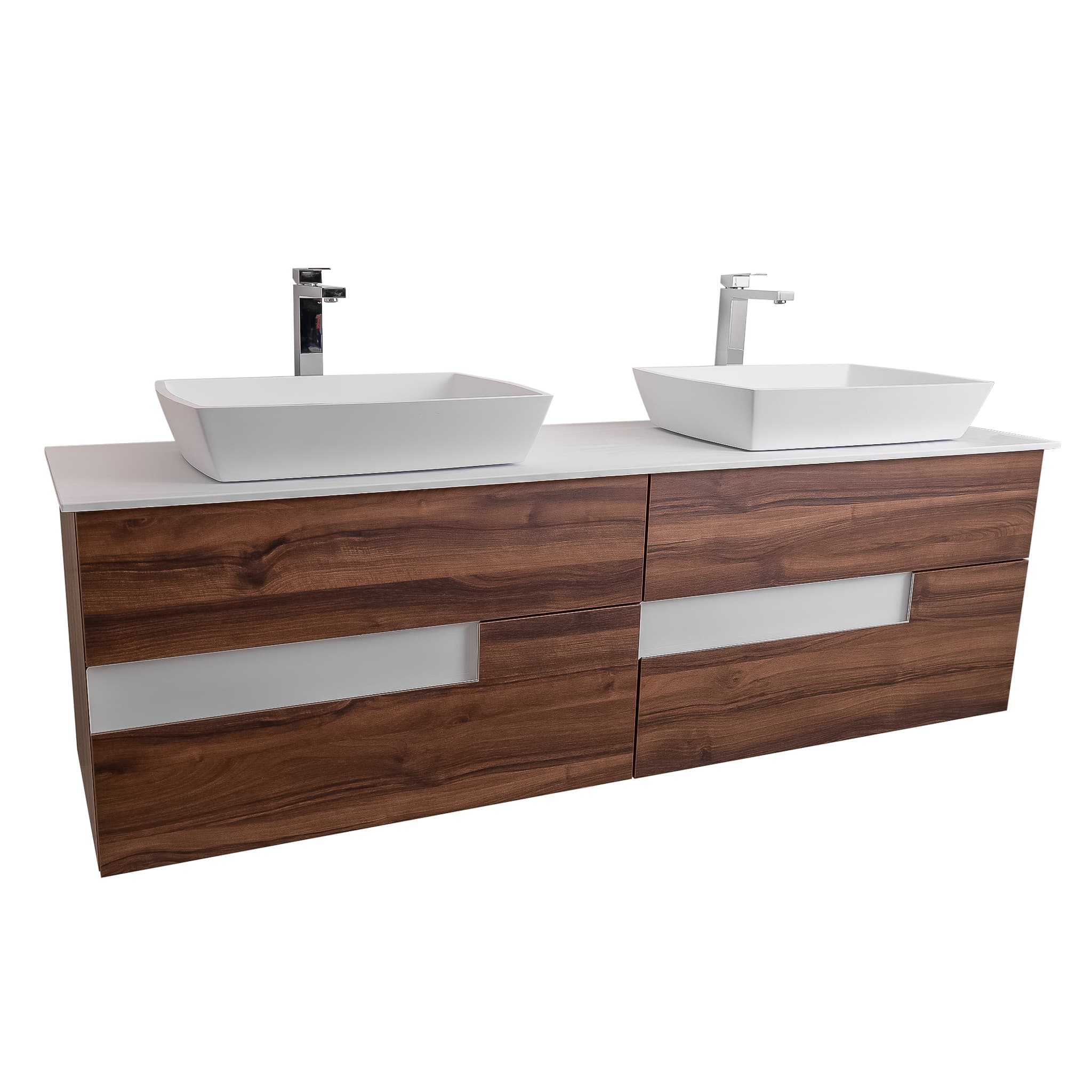 Vision 63 Valenti Medium Brown Wood Cabinet, Solid Surface Flat White Counter And Two Square Solid Surface White Basin 1316, Wall Mounted Modern Vanity Set