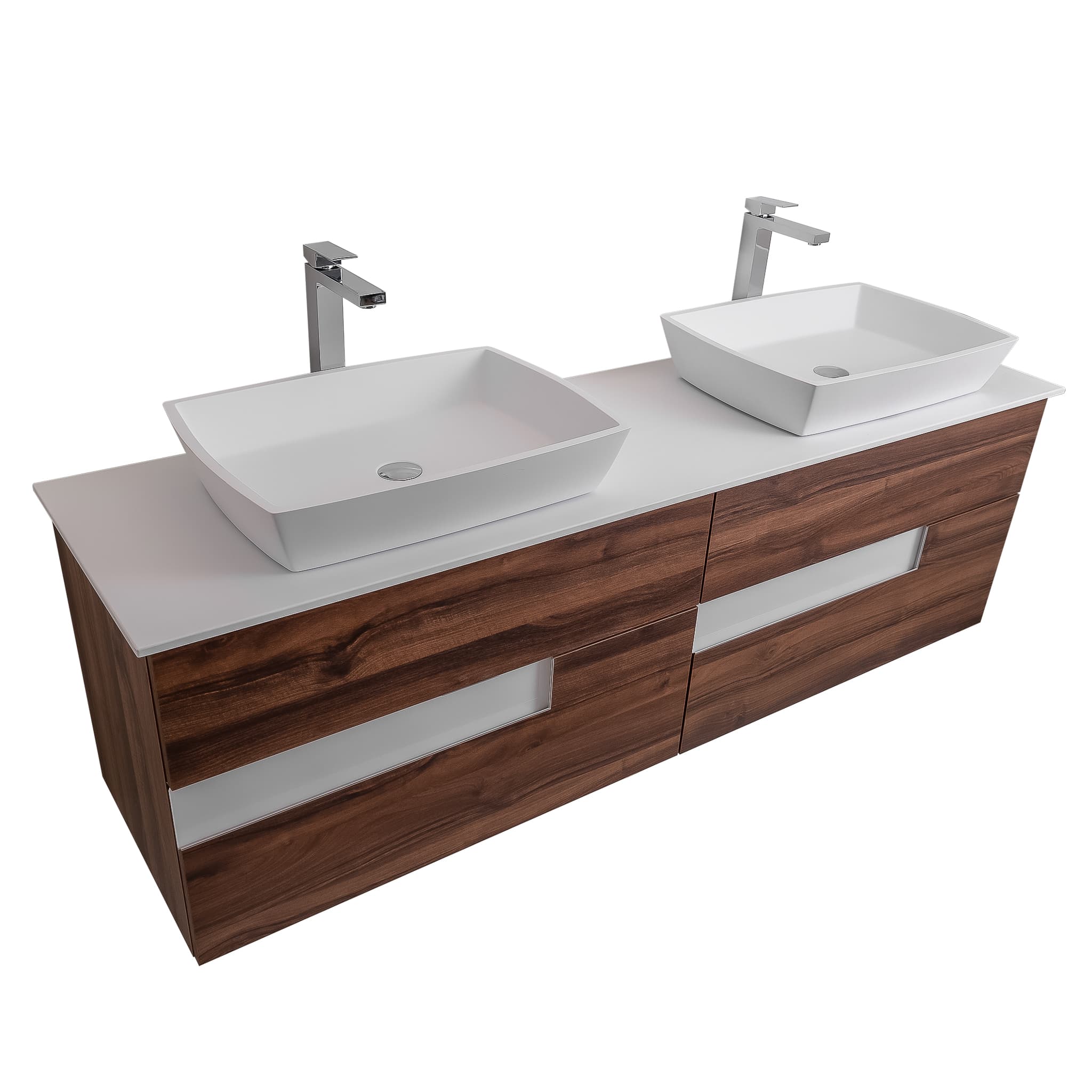 Vision 63 Valenti Medium Brown Wood Cabinet, Solid Surface Flat White Counter And Two Square Solid Surface White Basin 1316, Wall Mounted Modern Vanity Set Bath Trends USA