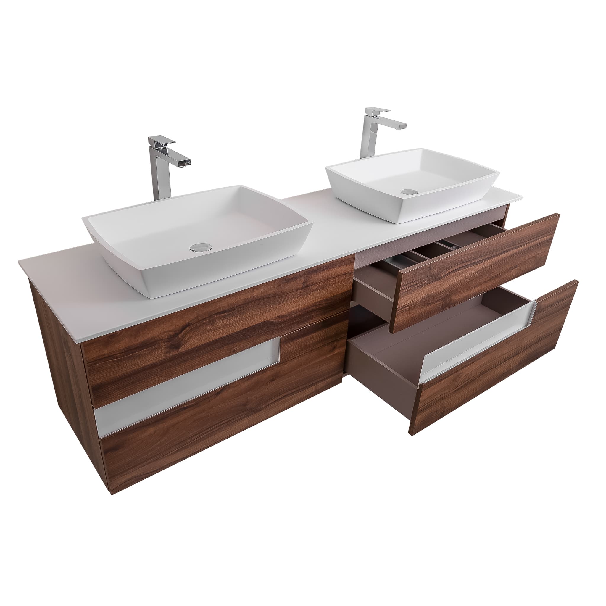 Vision 63 Valenti Medium Brown Wood Cabinet, Solid Surface Flat White Counter And Two Square Solid Surface White Basin 1316, Wall Mounted Modern Vanity Set