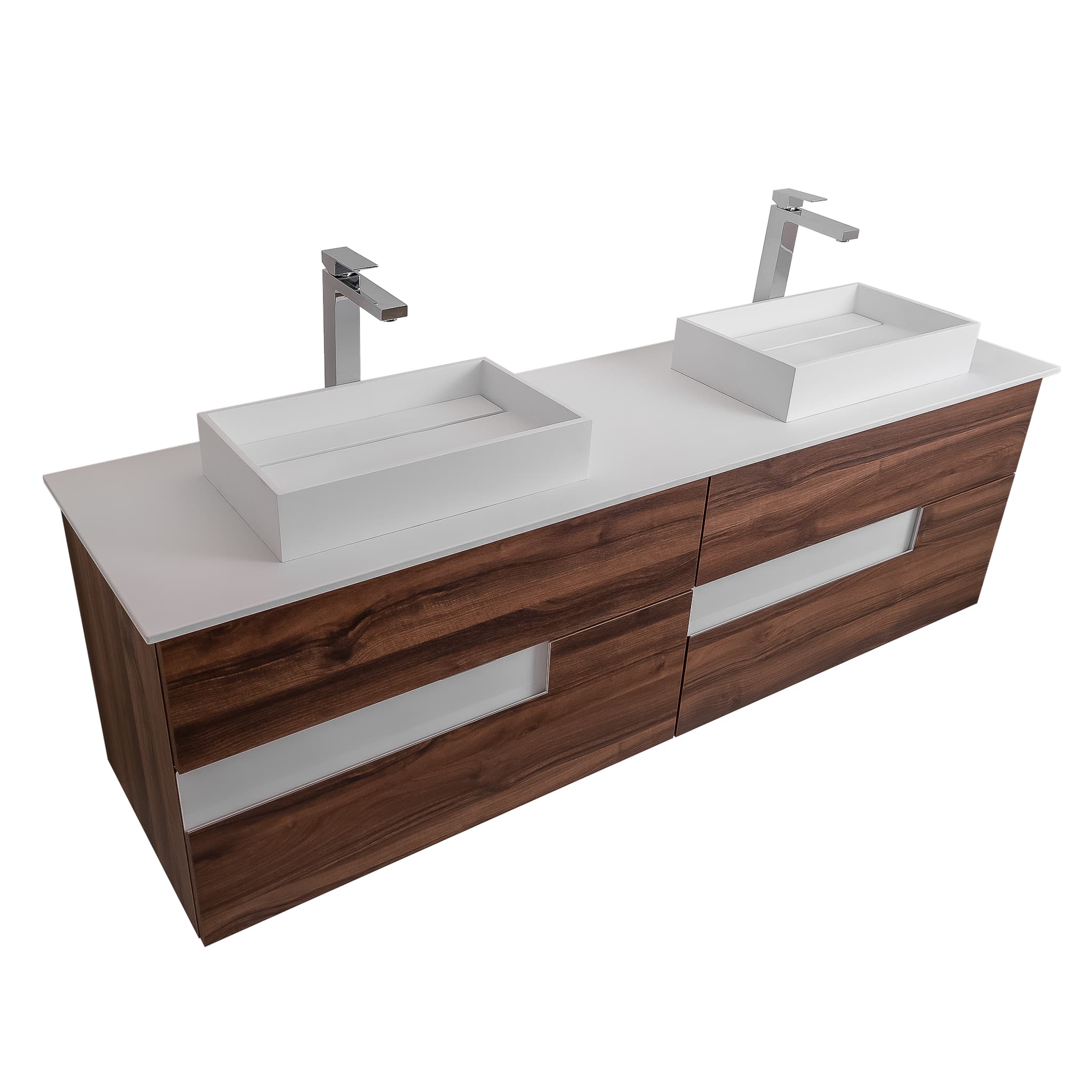 Vision 63 Valenti Medium Brown Wood Cabinet, Solid Surface Flat White Counter And Two Infinity Square Solid Surface White Basin 1329, Wall Mounted Modern Vanity Set