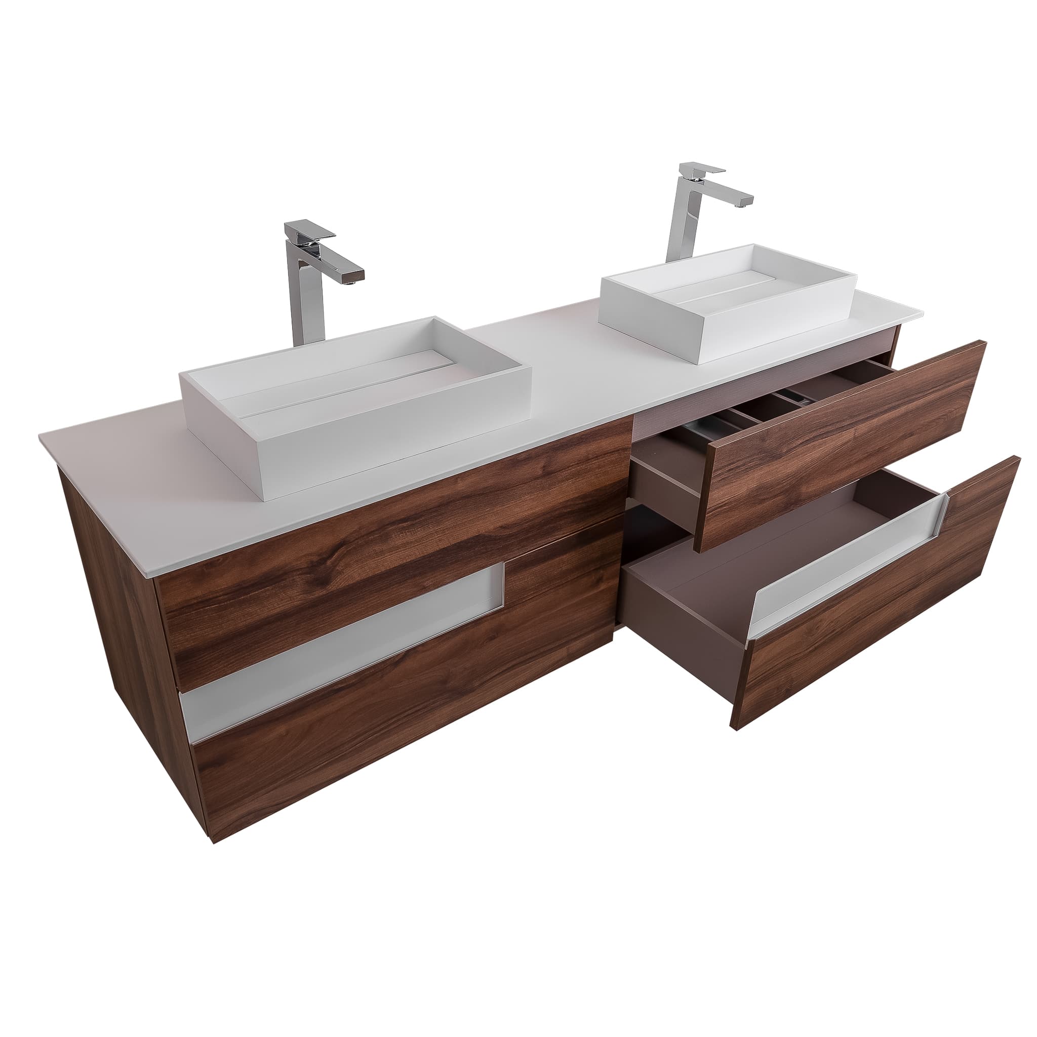 Vision 63 Valenti Medium Brown Wood Cabinet, Solid Surface Flat White Counter And Two Infinity Square Solid Surface White Basin 1329, Wall Mounted Modern Vanity Set Bath Trends USA