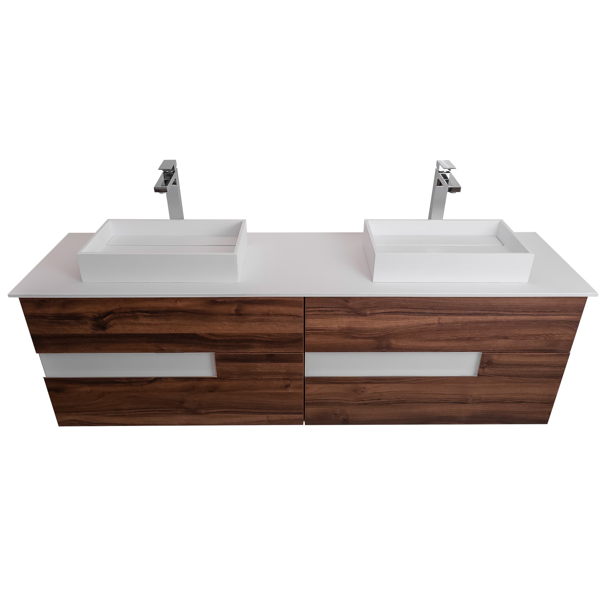 Vision 63 Valenti Medium Brown Wood Cabinet, Solid Surface Flat White Counter And Two Infinity Square Solid Surface White Basin 1329, Wall Mounted Modern Vanity Set
