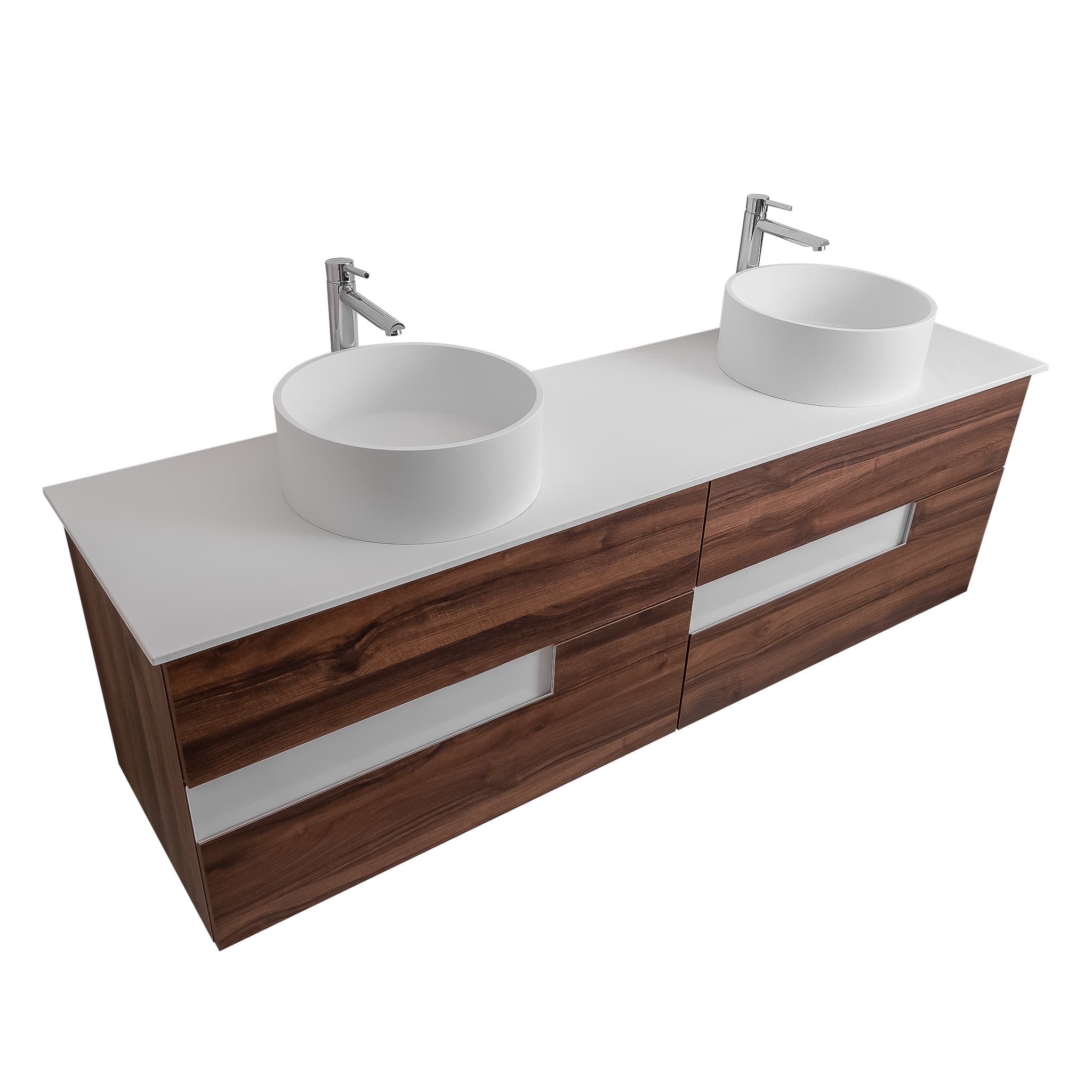 Vision 63 Valenti Medium Brown Wood Cabinet, Solid Surface Flat White Counter And Two Round Solid Surface White Basin 1386, Wall Mounted Modern Vanity Set