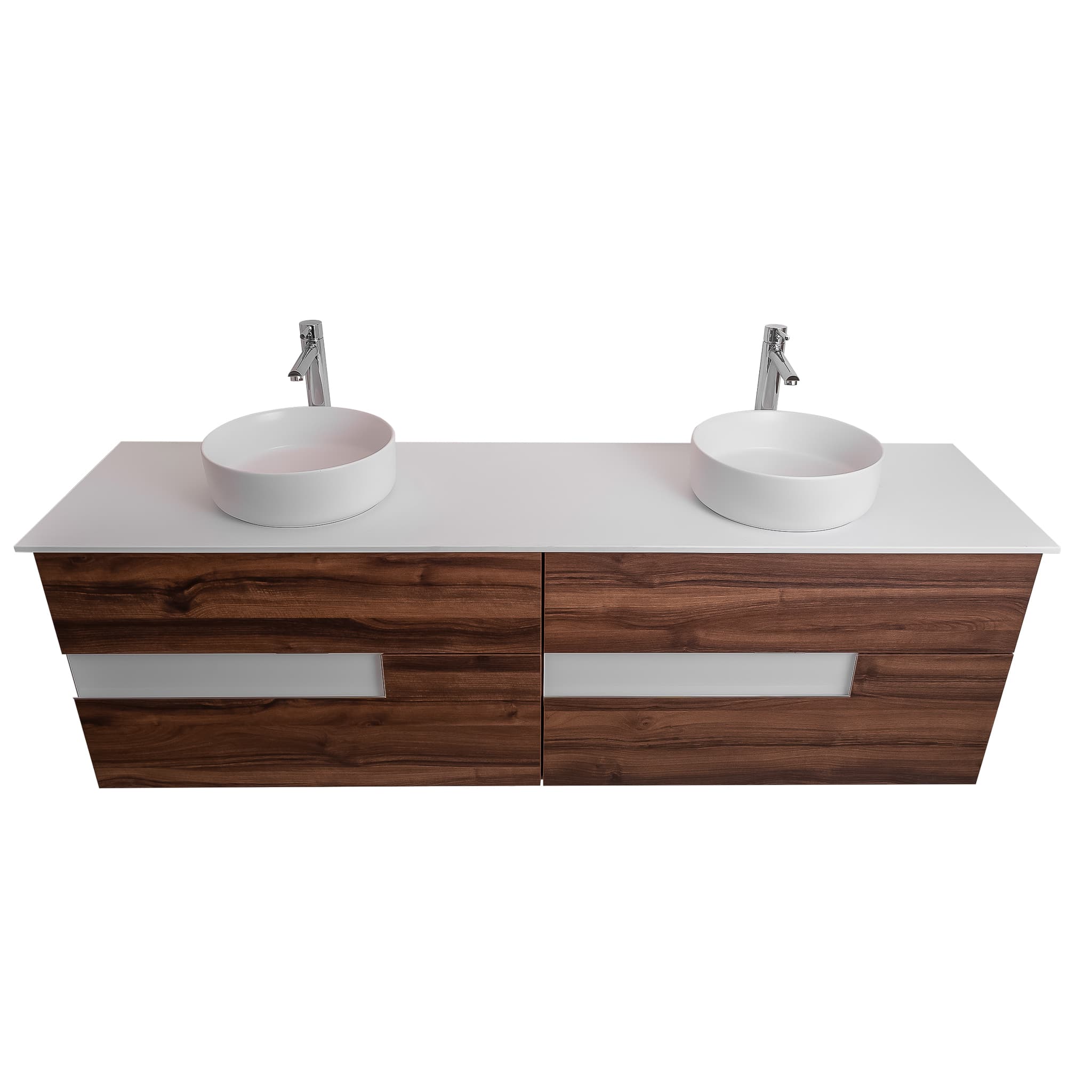 Vision 63 Valenti Medium Brown Wood Cabinet, Ares White Top And Two Ares White Ceramic Basin, Wall Mounted Modern Vanity Set