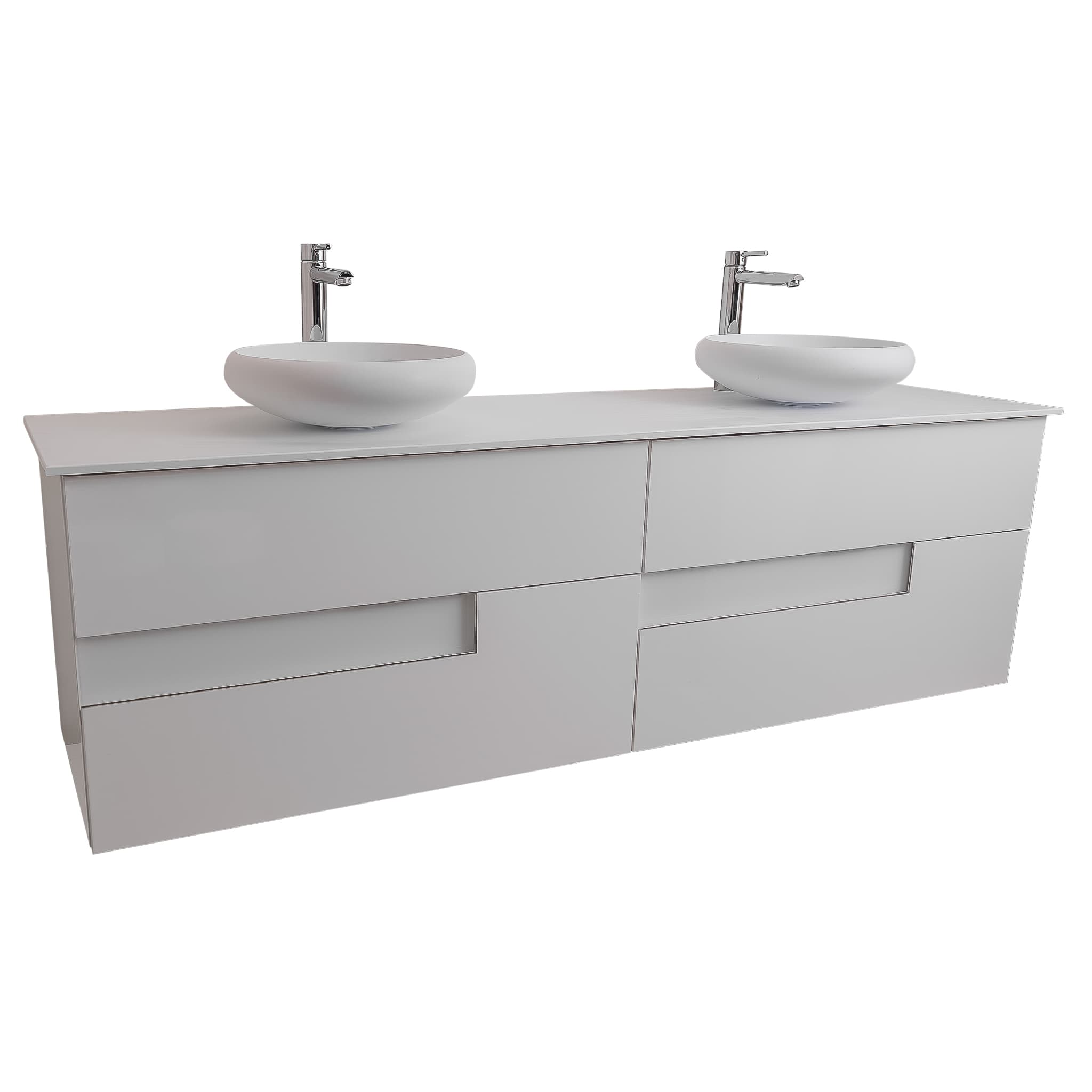 Vision 63 White High Gloss Cabinet, Solid Surface Flat White Counter And Two Round Solid Surface White Basin 1153, Wall Mounted Modern Vanity Set
