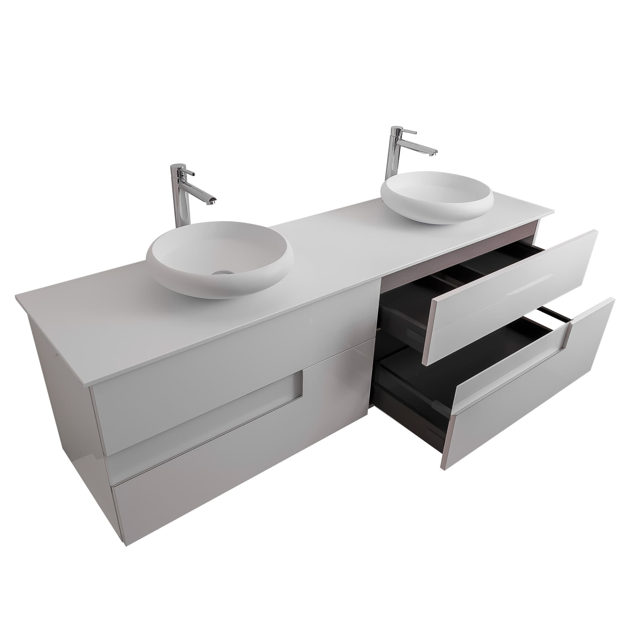 Vision 63 White High Gloss Cabinet, Solid Surface Flat White Counter And Two Round Solid Surface White Basin 1153, Wall Mounted Modern Vanity Set