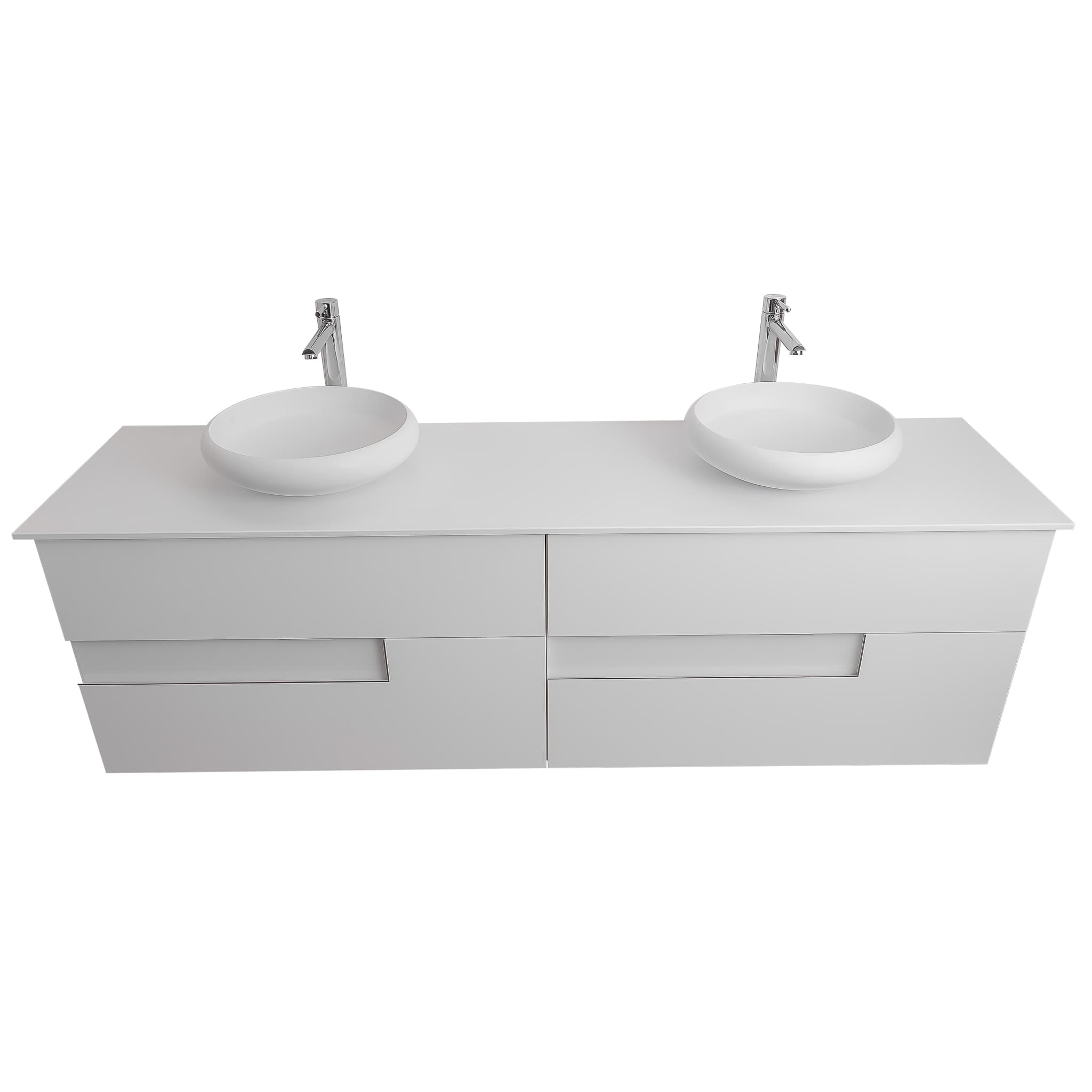 Vision 63 White High Gloss Cabinet, Solid Surface Flat White Counter And Two Round Solid Surface White Basin 1153, Wall Mounted Modern Vanity Set