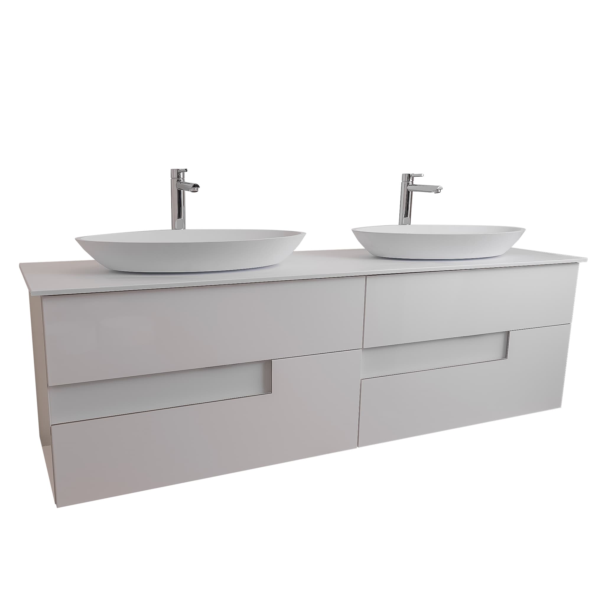 Vision 63 White High Gloss Cabinet, Solid Surface Flat White Counter And Two Oval Solid Surface White Basin 1305, Wall Mounted Modern Vanity Set