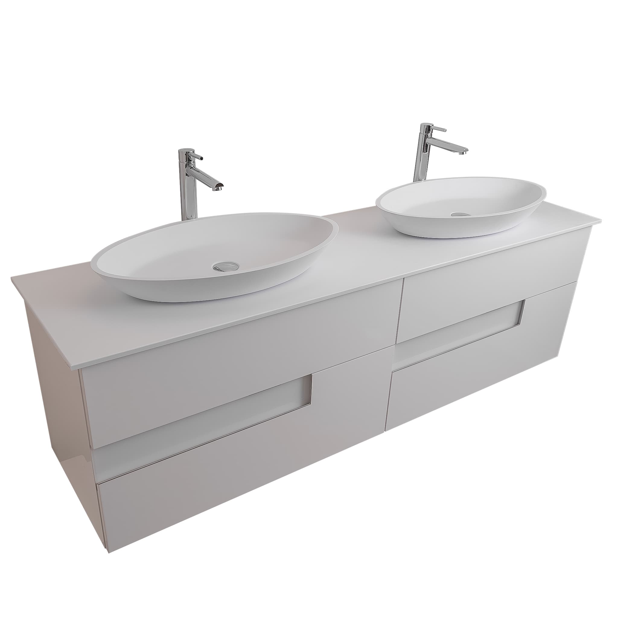 Vision 63 White High Gloss Cabinet, Solid Surface Flat White Counter And Two Oval Solid Surface White Basin 1305, Wall Mounted Modern Vanity Set