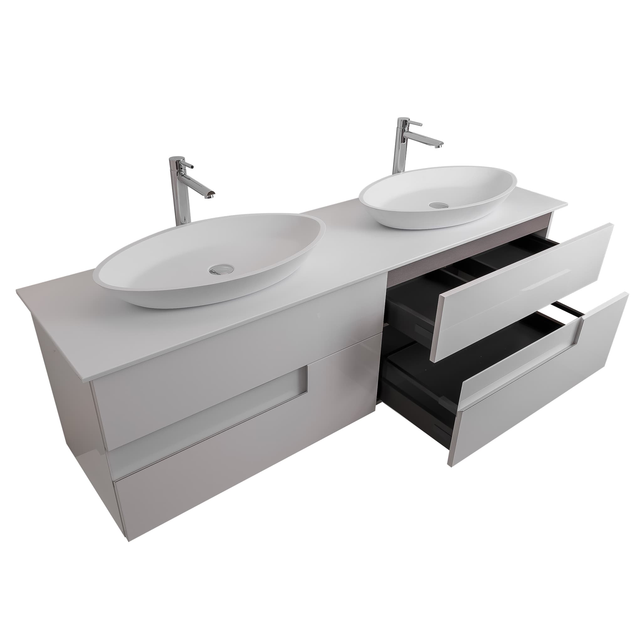 Vision 63 White High Gloss Cabinet, Solid Surface Flat White Counter And Two Oval Solid Surface White Basin 1305, Wall Mounted Modern Vanity Set