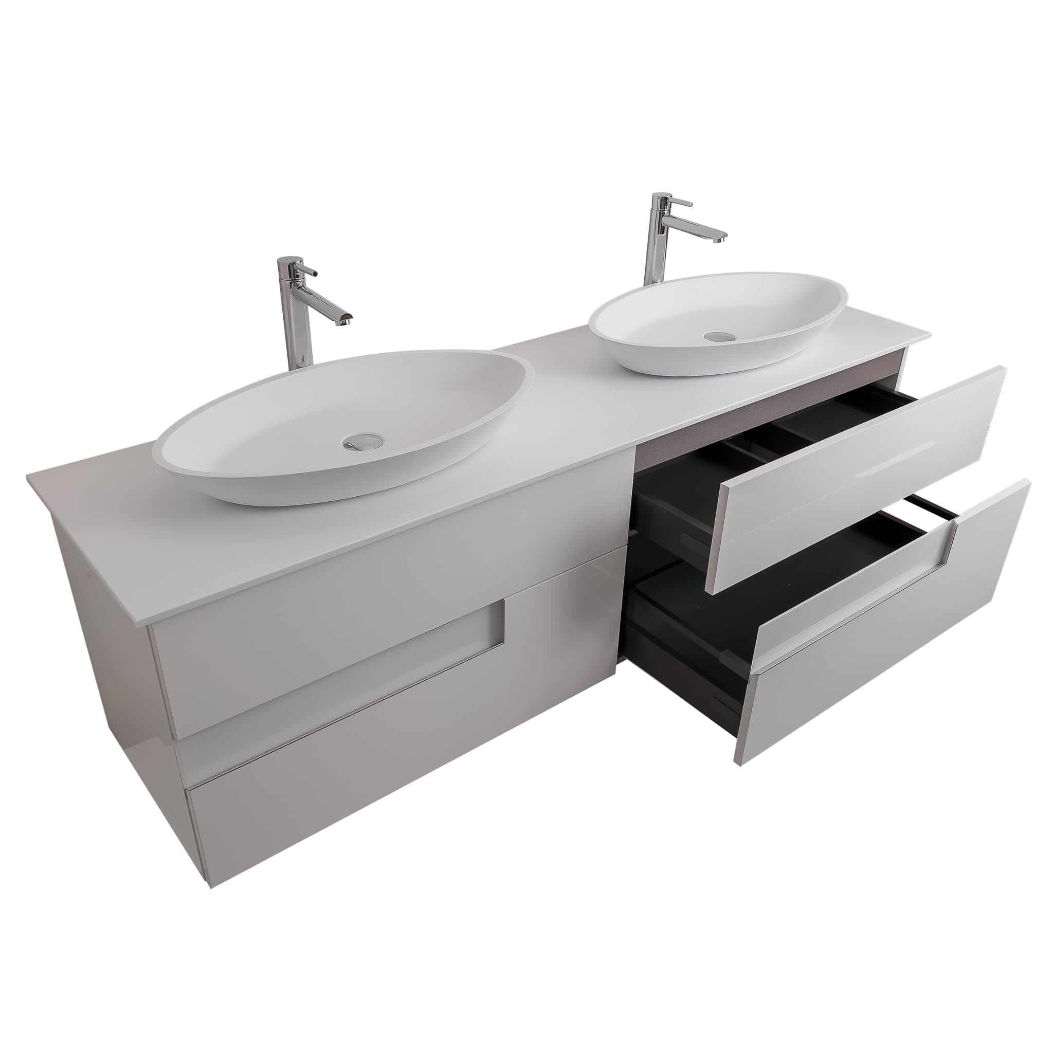 Vision 63 White High Gloss Cabinet, Solid Surface Flat White Counter And Two Oval Solid Surface White Basin 1305, Wall Mounted Modern Vanity Set Bath Trends USA