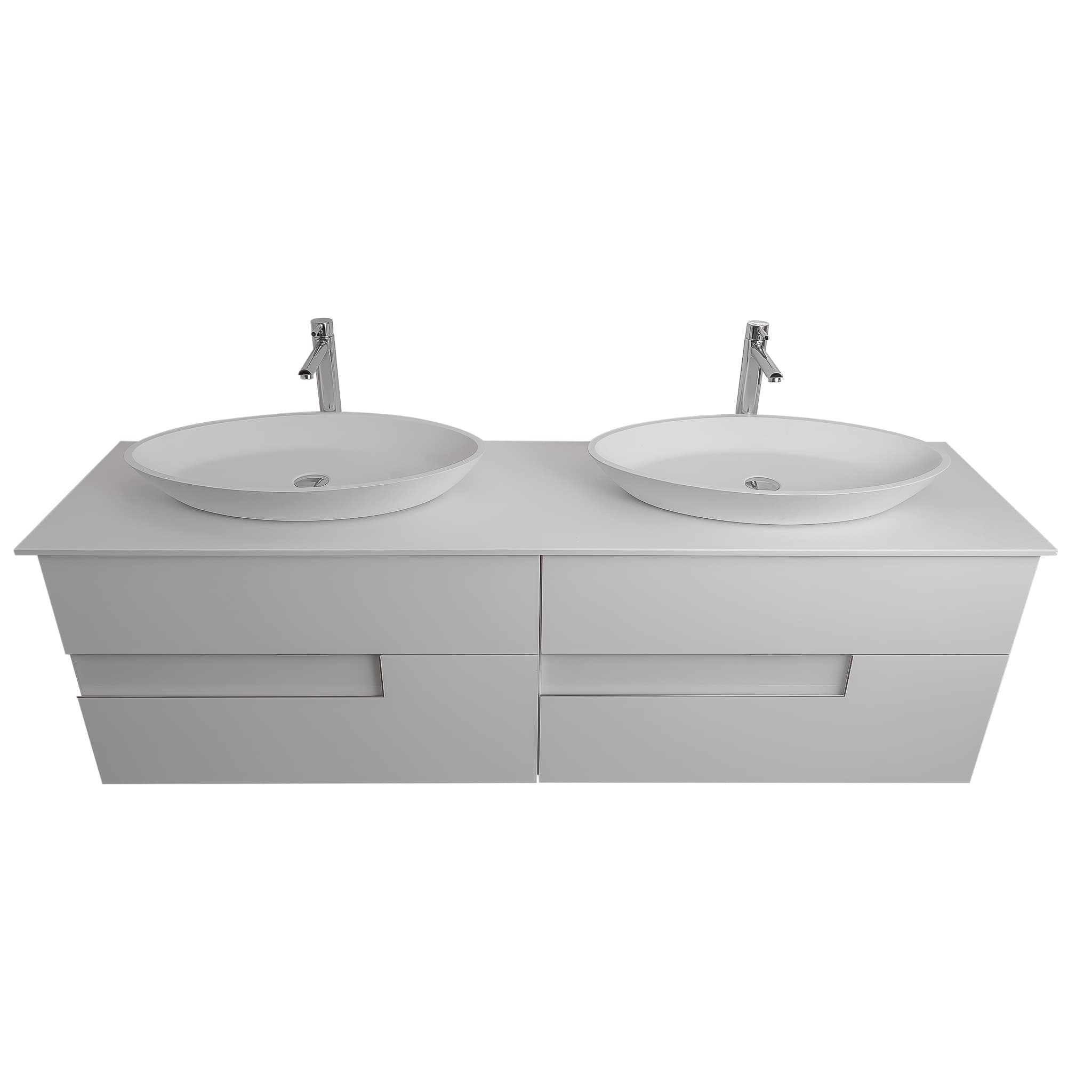 Vision 63 White High Gloss Cabinet, Solid Surface Flat White Counter And Two Oval Solid Surface White Basin 1305, Wall Mounted Modern Vanity Set